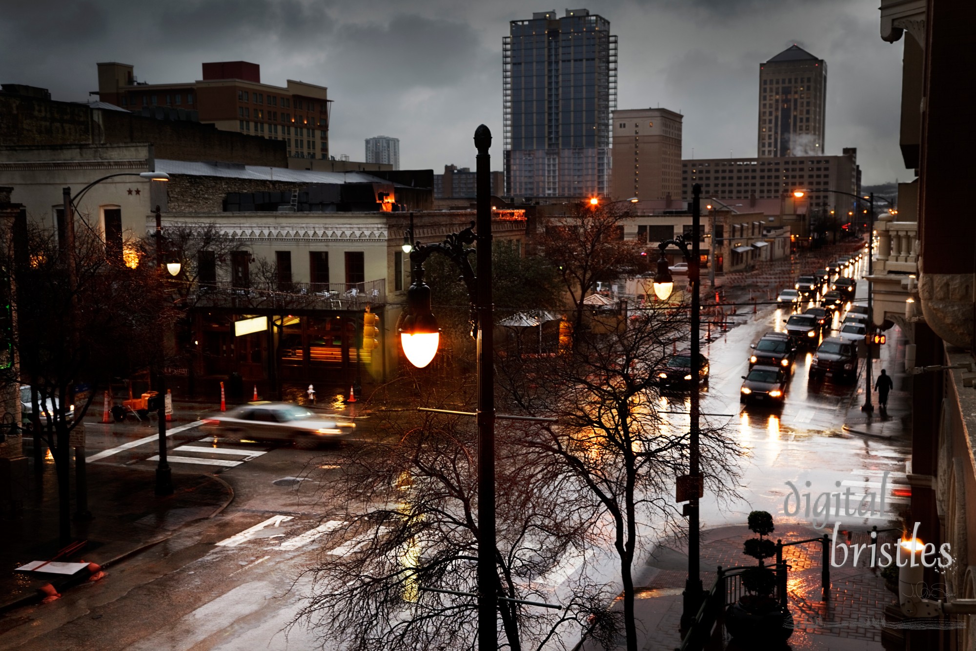 Sixth Street in Austin on a rainy evening