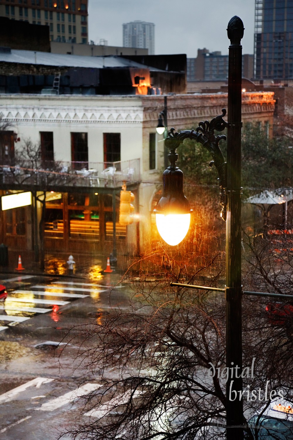 Sixth Street in Austin on a rainy evening