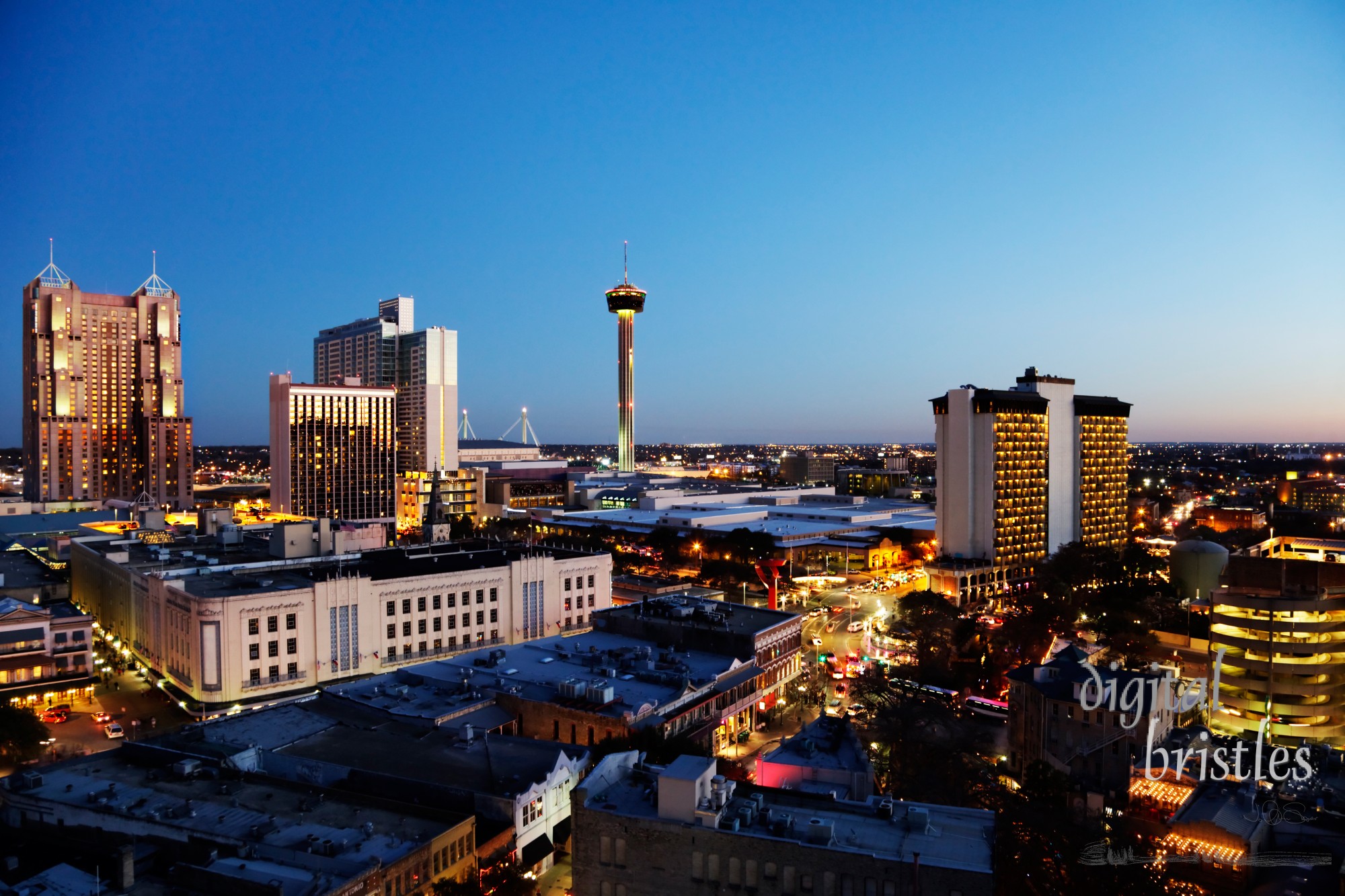 San Antonio downtown just after sunset showing skyline around Tower of the Americas & Alamodome