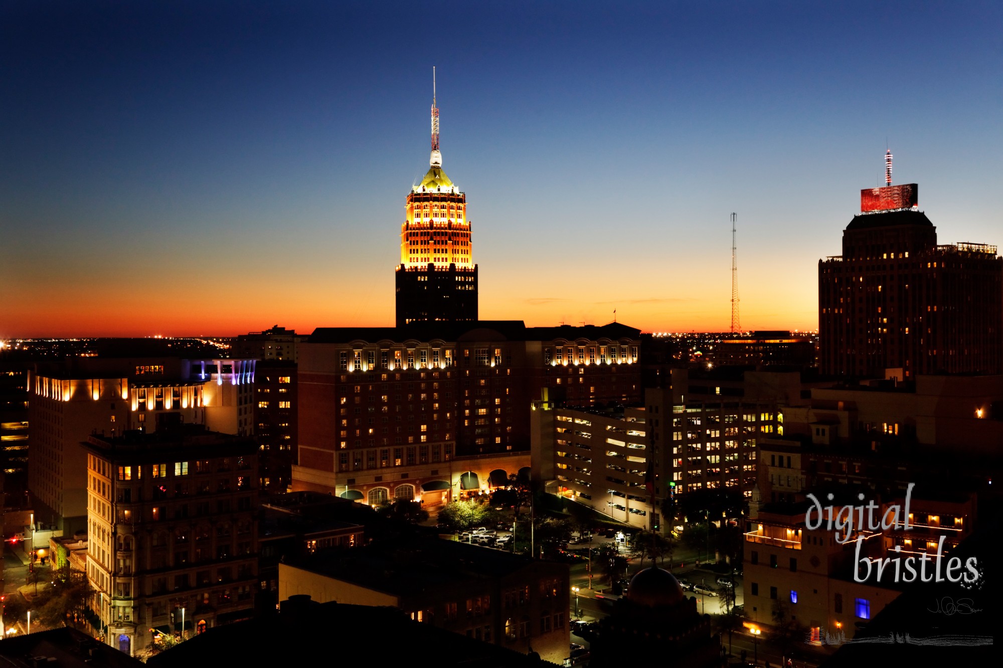 San Antonio downtown just after sunset showing skyline around the Tower Life Building