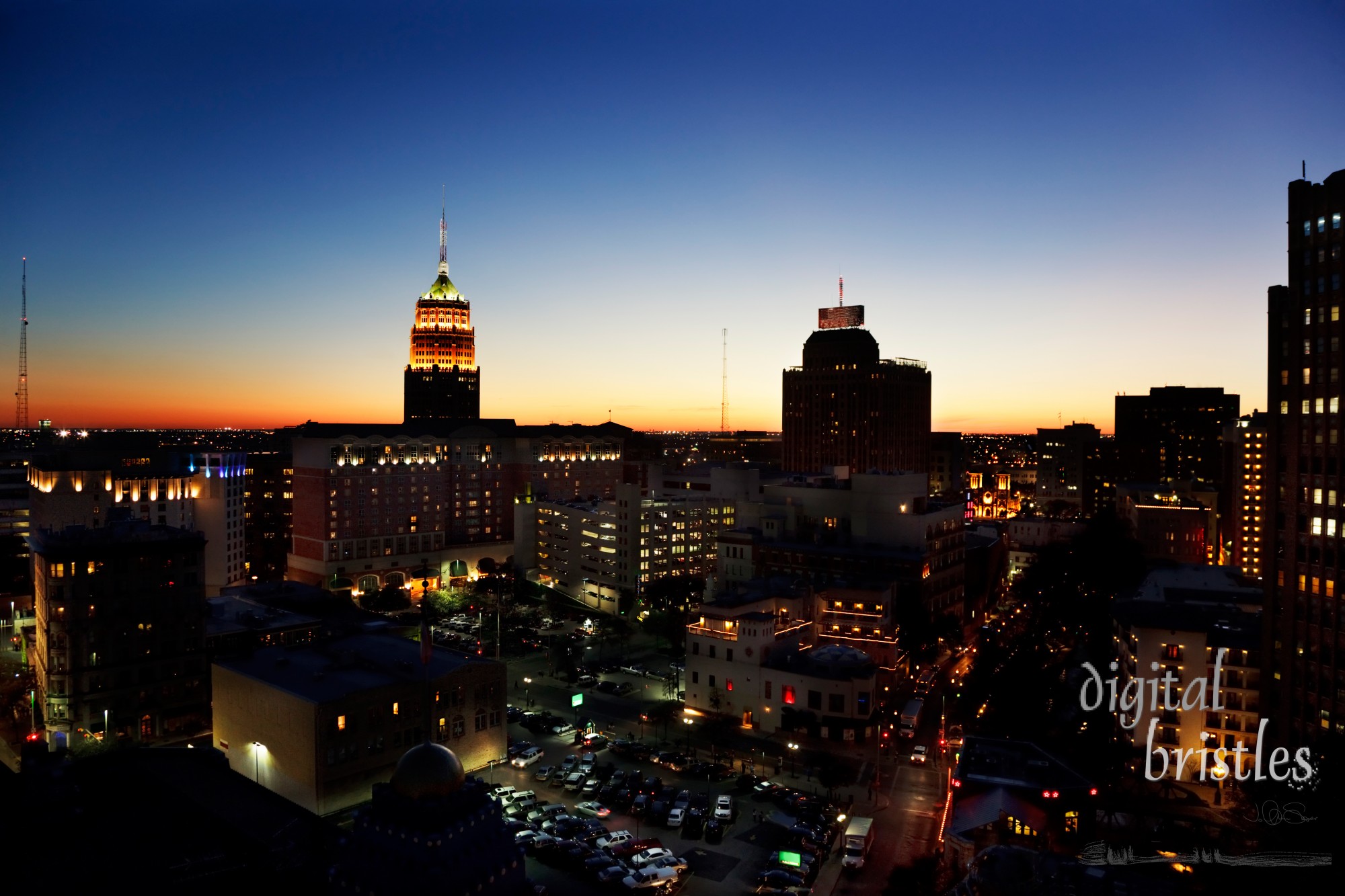 San Antonio downtown just after sunset showing skyline around Tower Life building