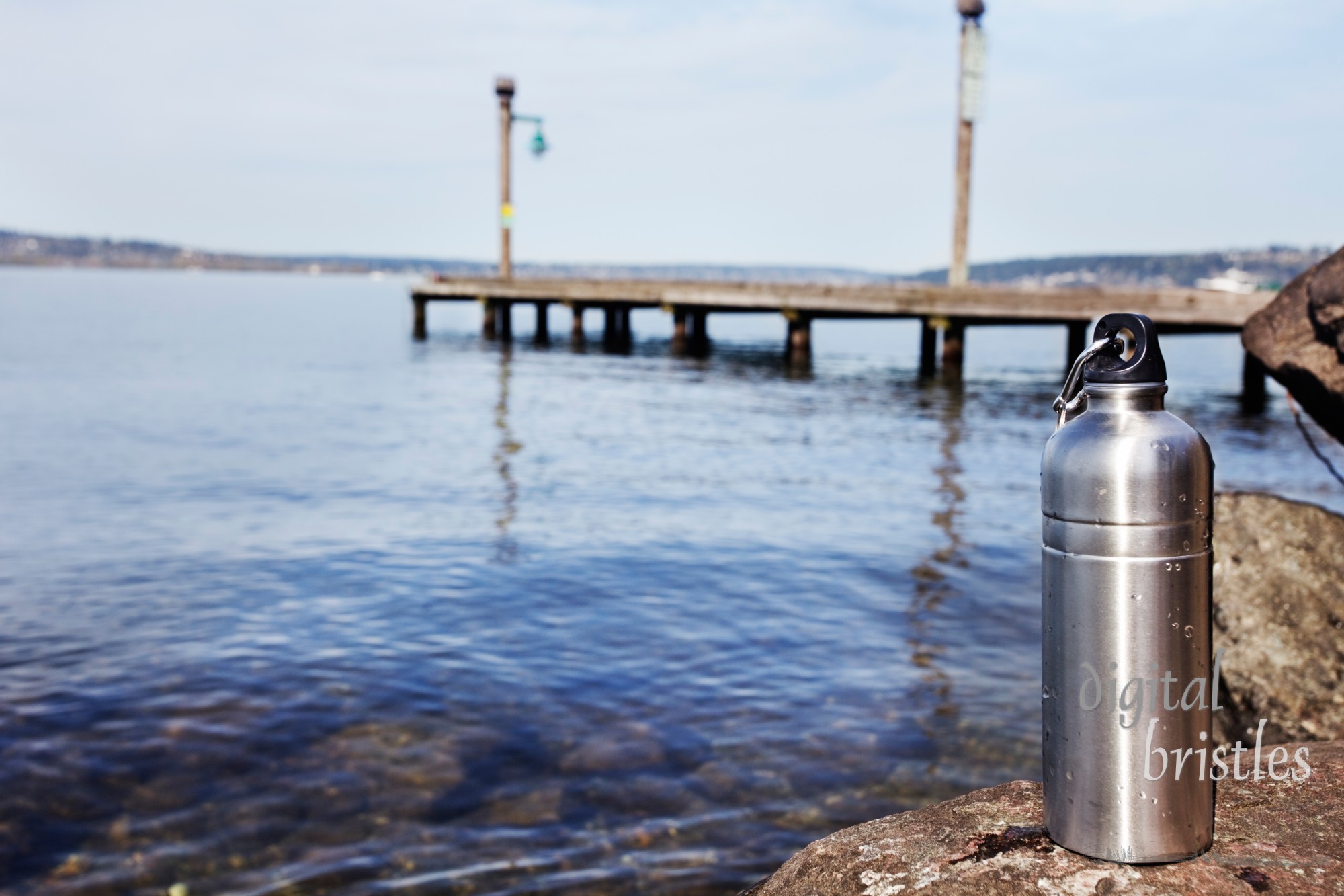 Reusable water bottle sitting by a clean lake