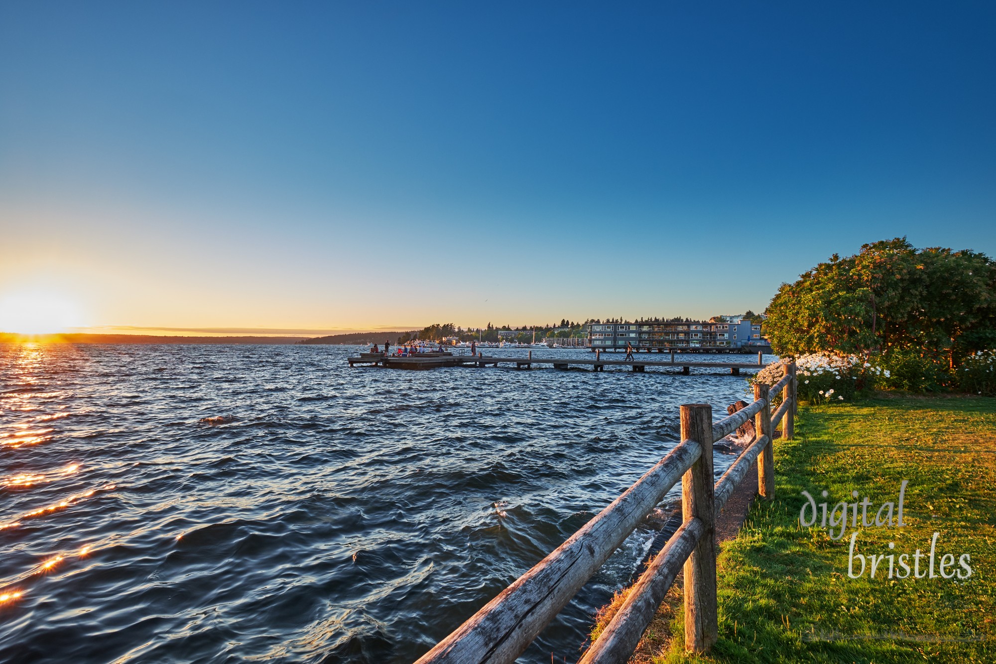 David Brink Park and pier at sunset on a Summer evening, Kirkland, Washington