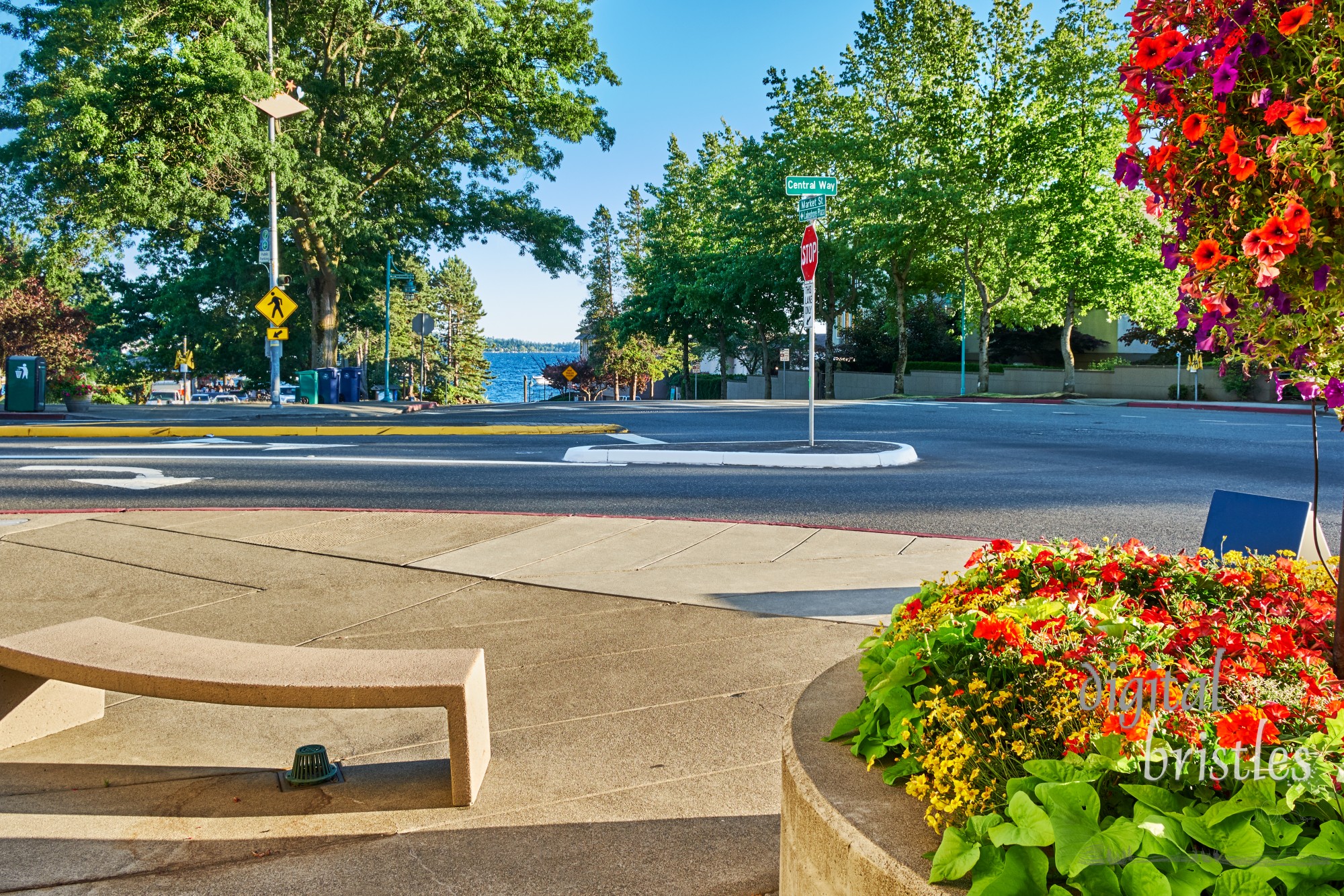 Market and Central Streets meet in downtown Kirkland with Lake Washington in the background