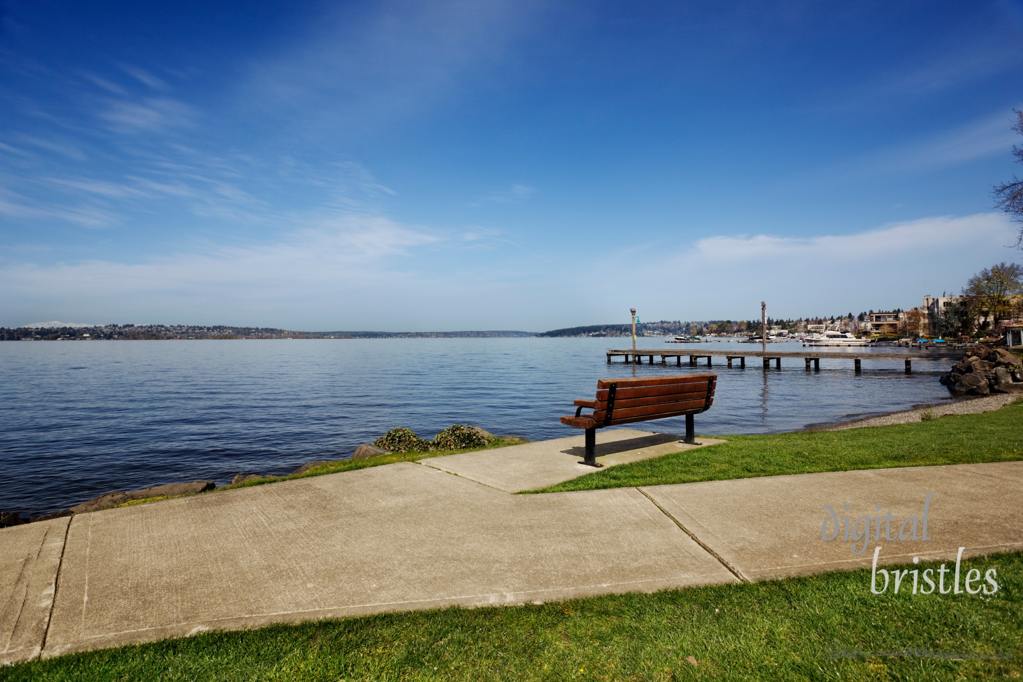 Bench facing towards Kirkland at a lakeside park on Lake Washington