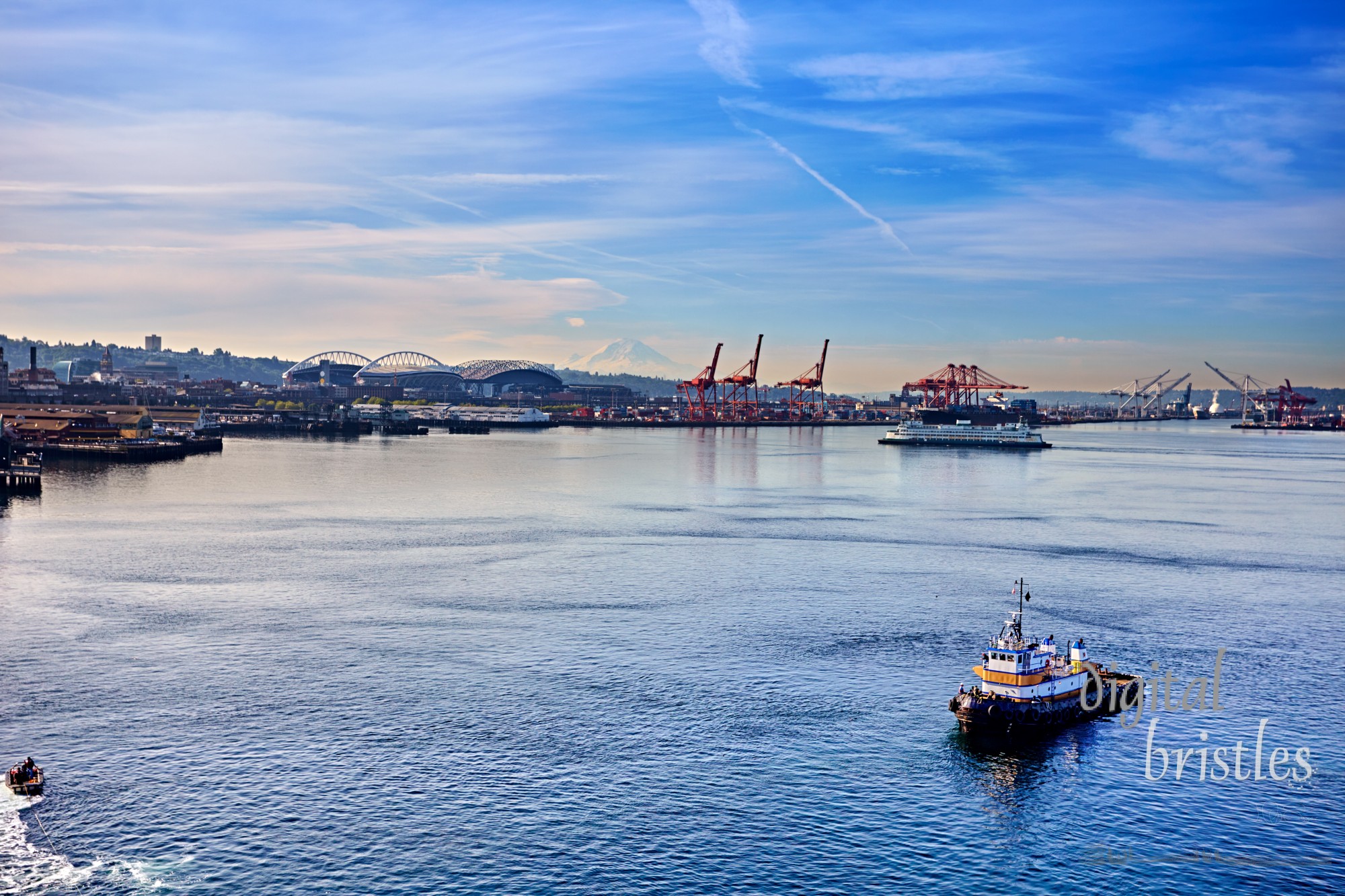 Elliott Bay and the port of Seattle on a calm, sunny, Sunday morning