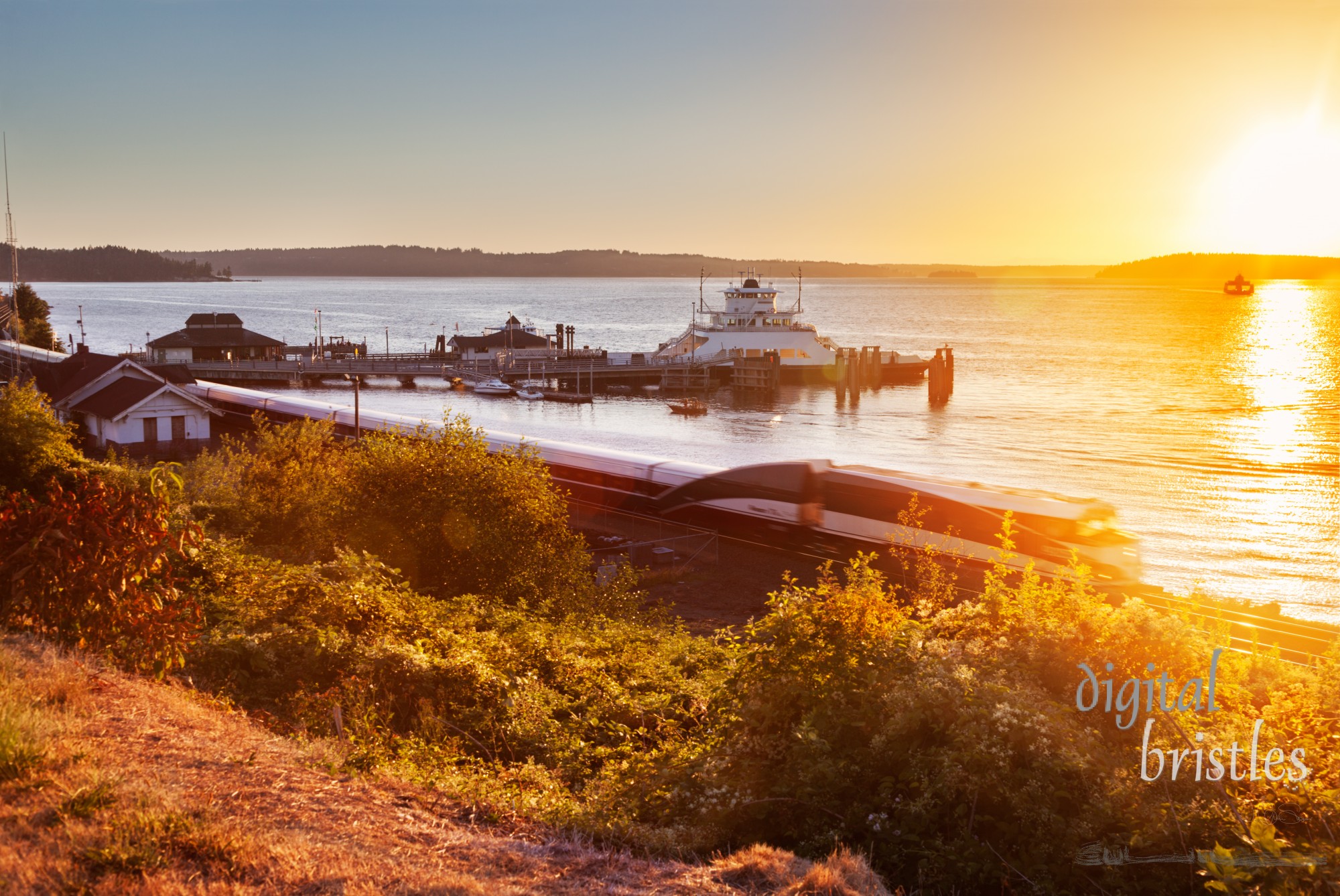 Steilacoom's historic ferry dock on a summer evening near sunset with an inter city train speeding by