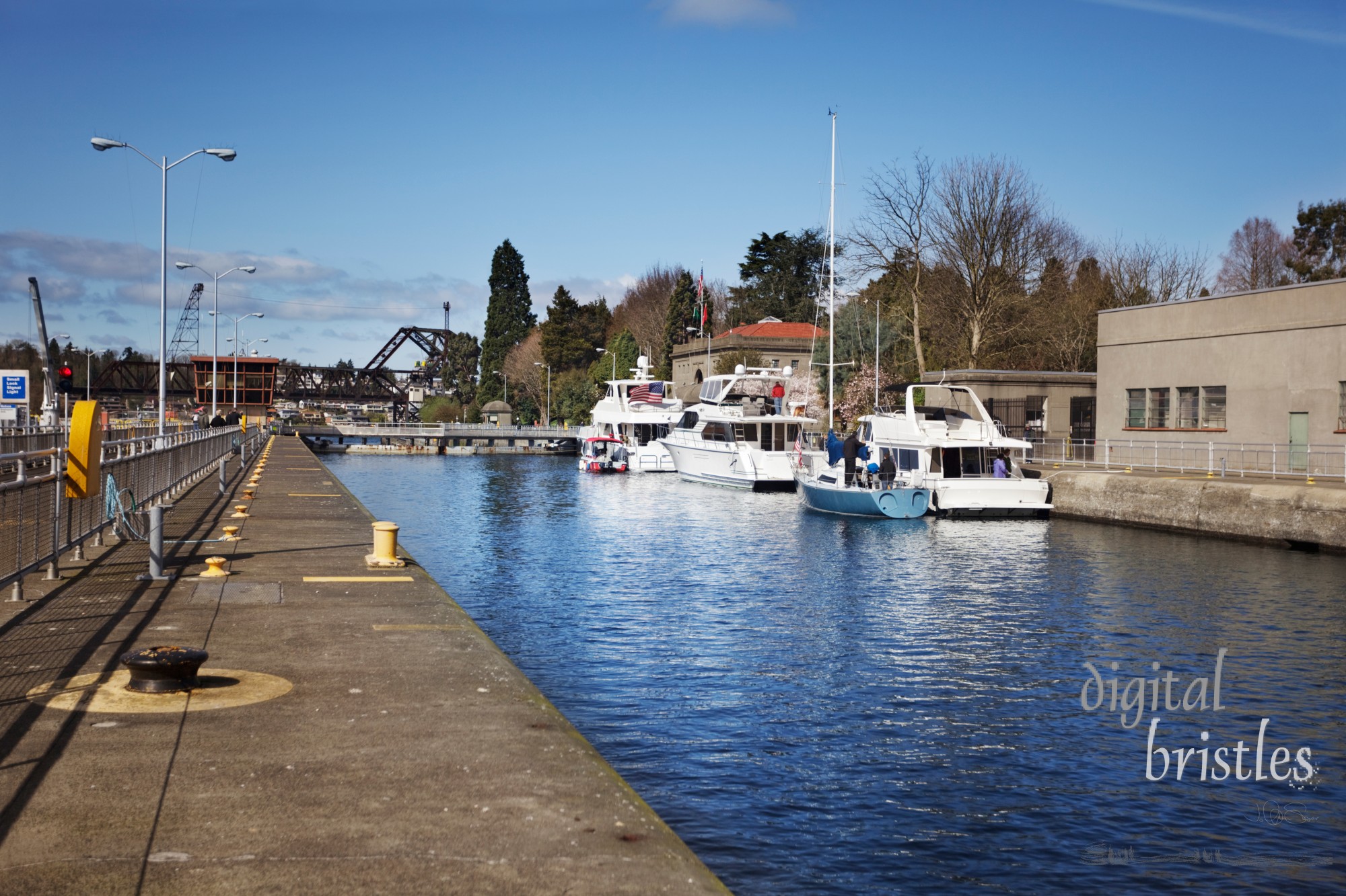 Boats in Ballard Locks (looking upstream) water level near the top