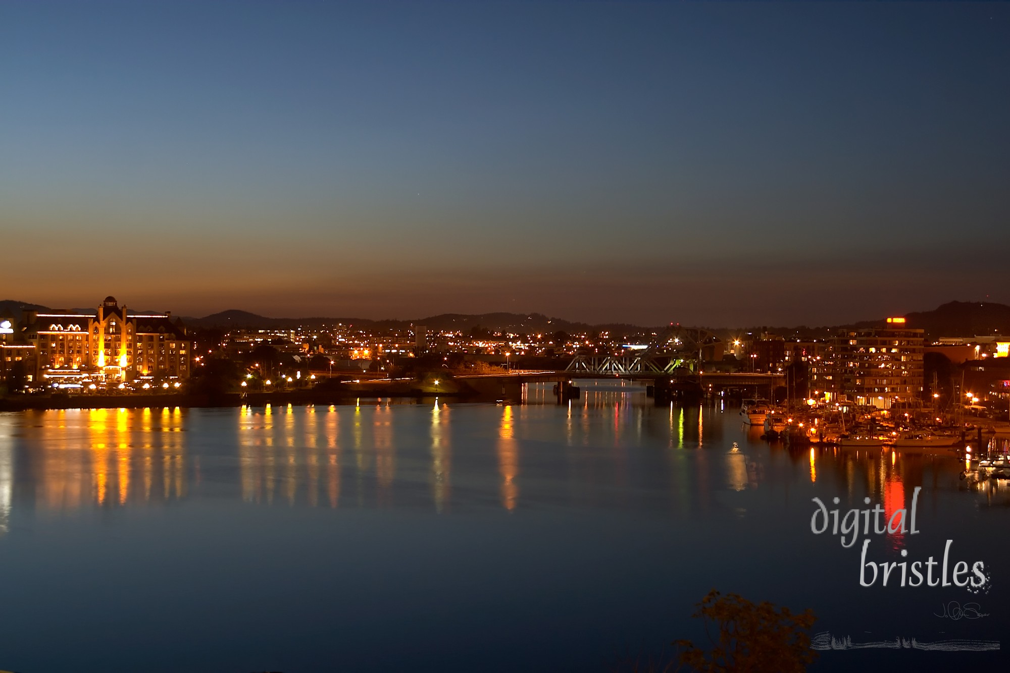 Victoria, BC's inner harbor early on a summer night