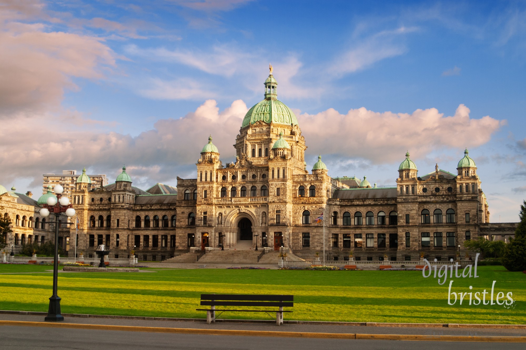 Parliament building, Victoria, British Columbia looking imposing and majestic in evening sun