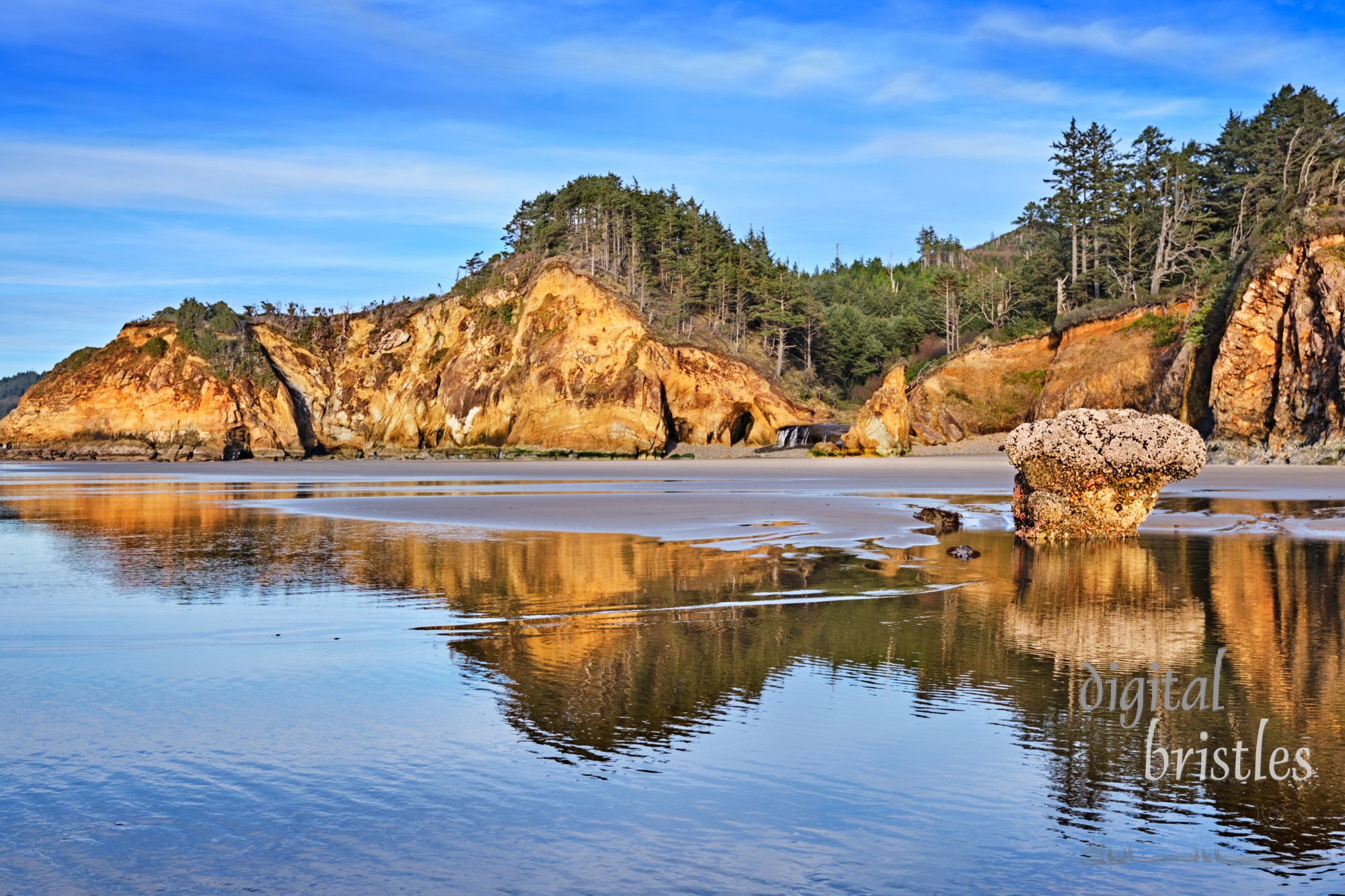 Low tide at Hug Point on a Winter afternoon with the old road, caves and waterfall visible