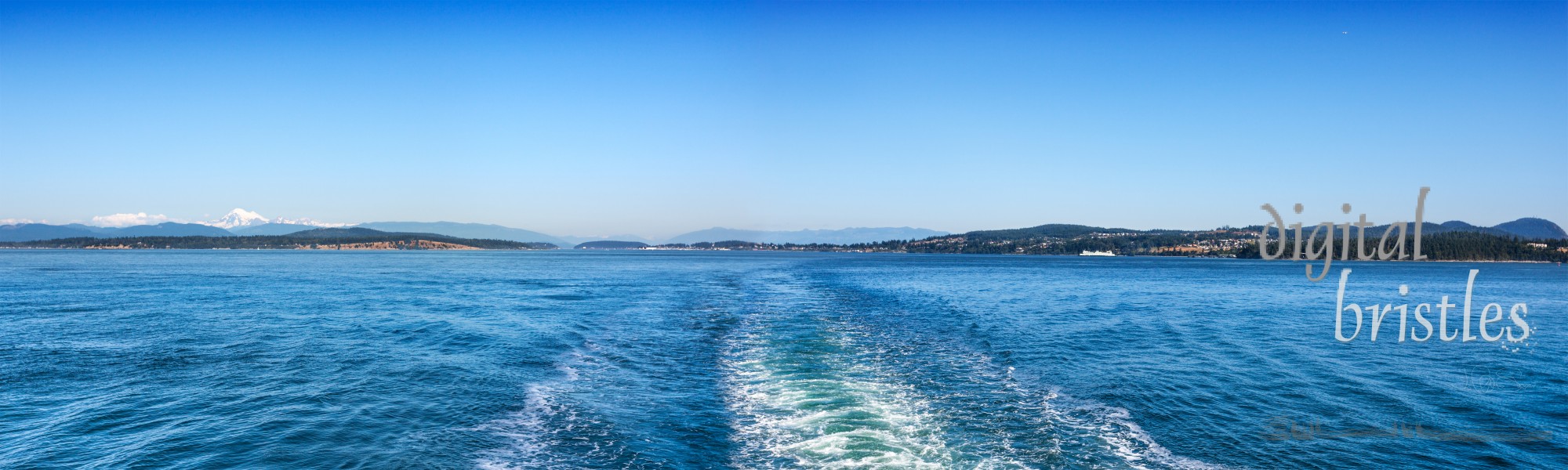 View from the stern of a Washington State Ferry leaving Anacortes for the San Juan Islands