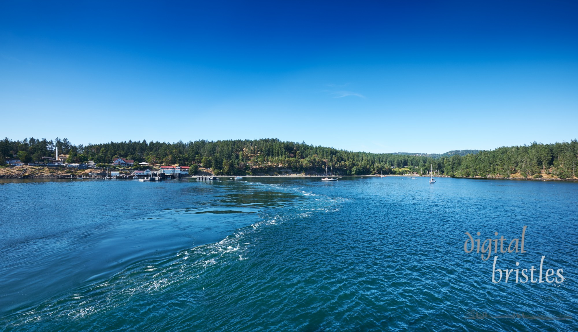 Orcas Island coastline by the ferry landing, marina and inn