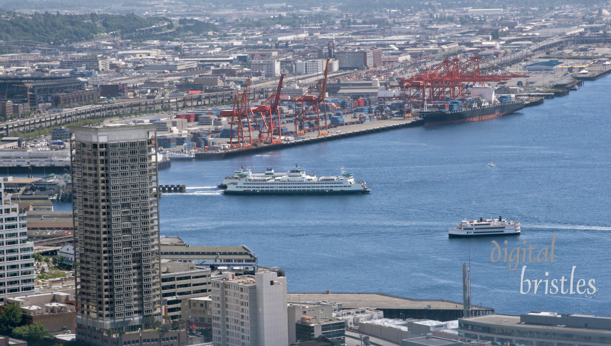 Container ships, ferries, construction - commerce on and around the water