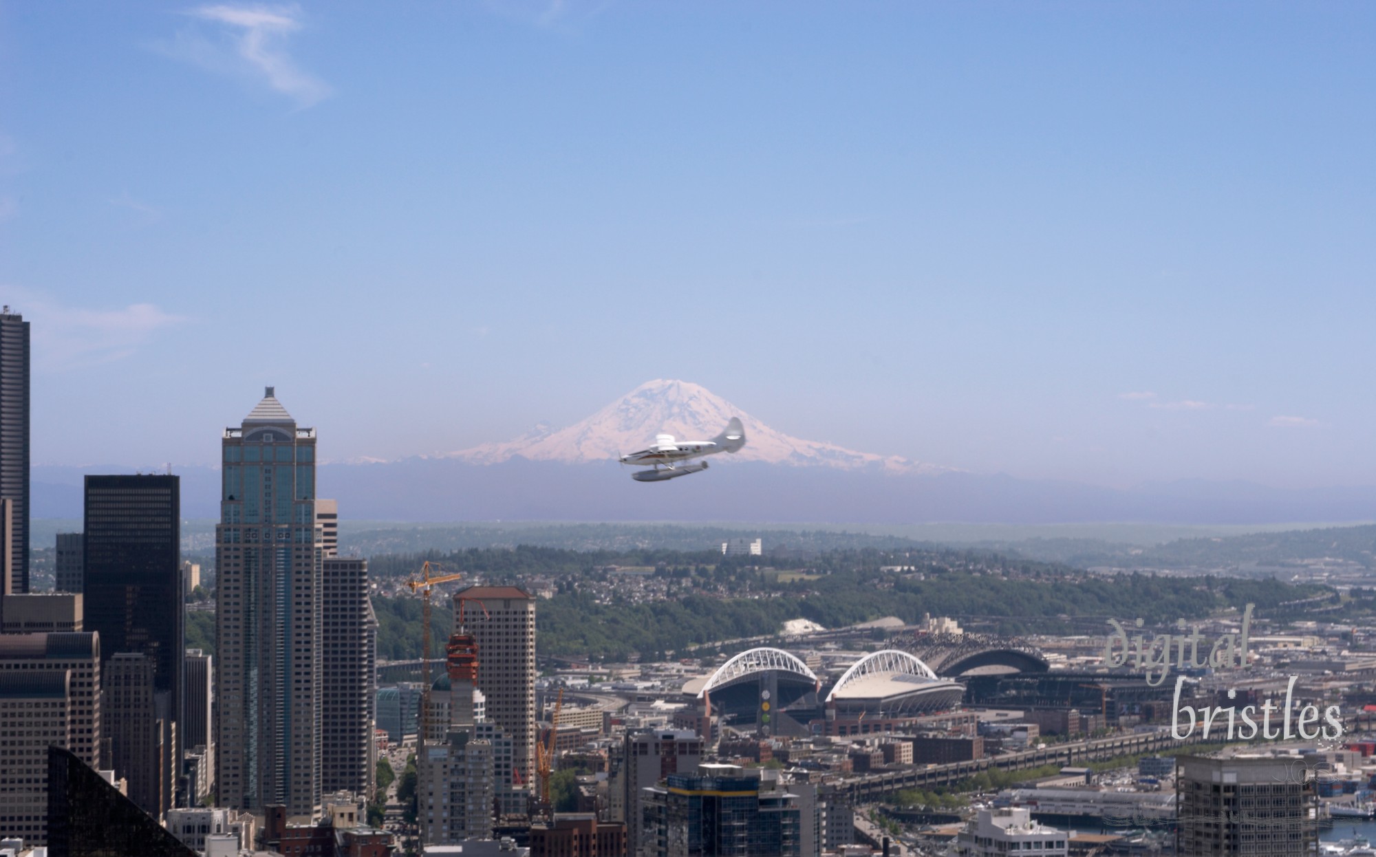 Float plane coming in to land over Seattle