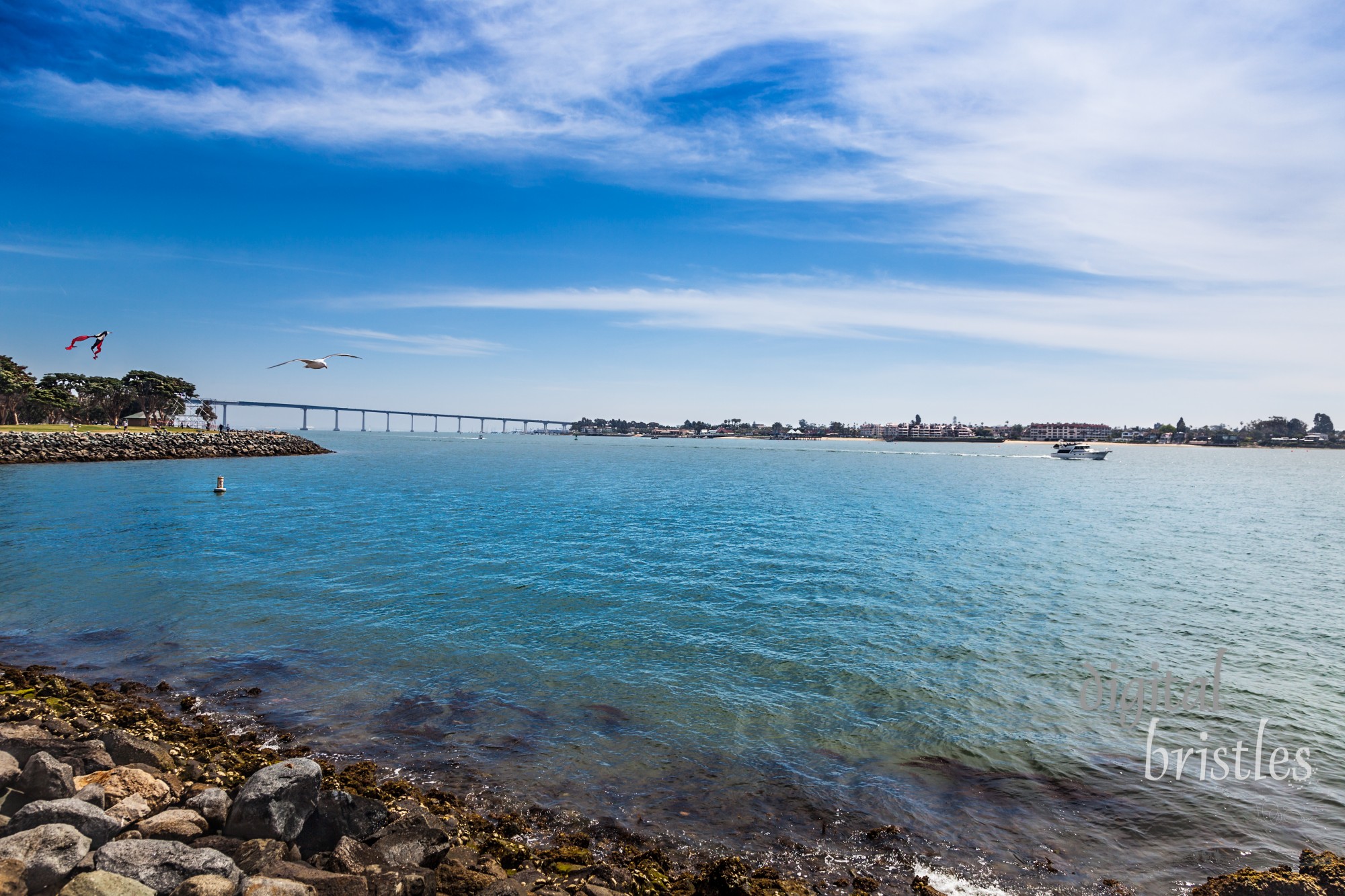 Boats and kites on a sunny Spring day in San Diego Bay with Coronado and the Bay Bridge in the background