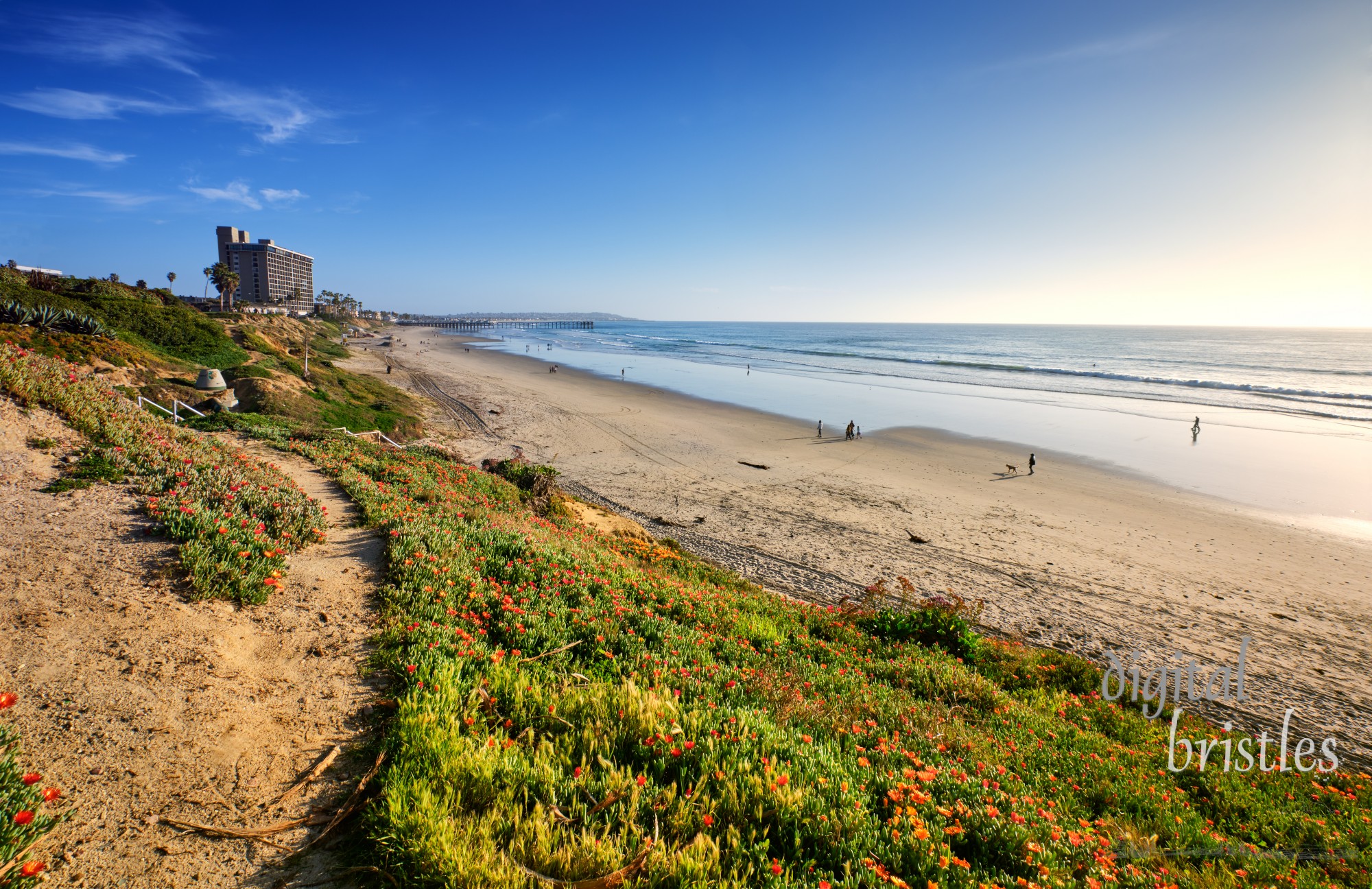 Looking southward down Pacific Beach to Crystal Pier on a sunny Winter afternoon