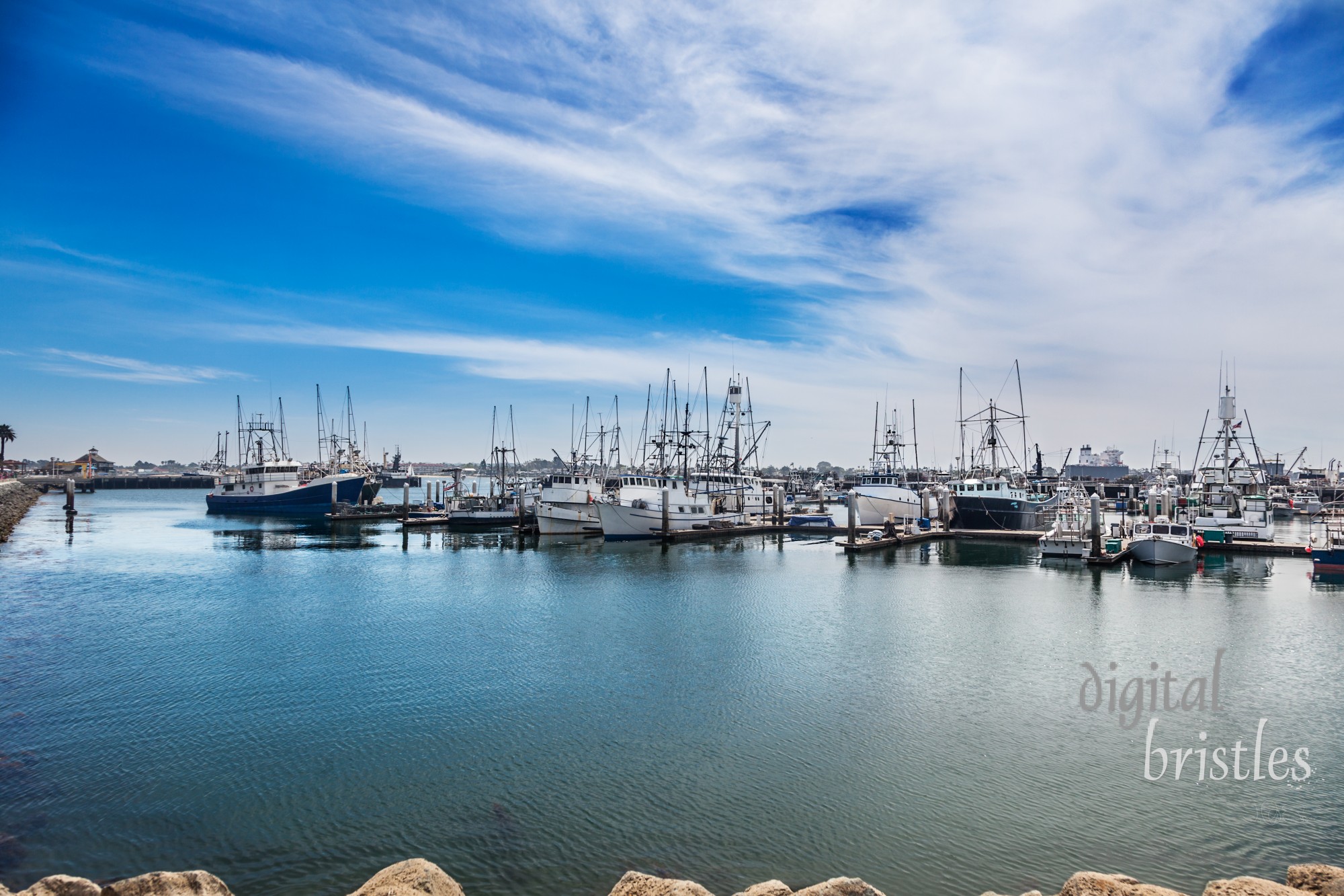 Fishing boats docked in San Diego's Tuna Harbor, downtown along the Embarcadero with the Coronado Navy Base in the background on the other side of San Diego Bay.