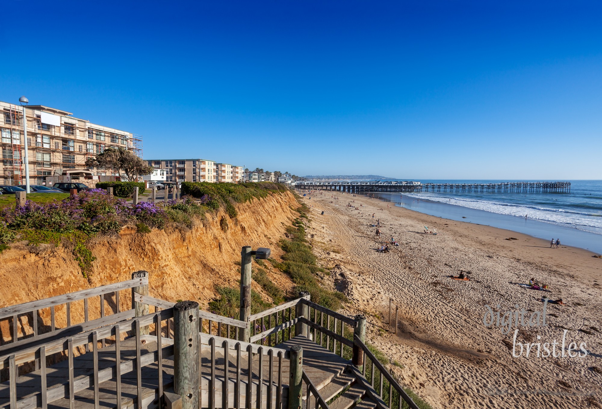 Steps down to North Pacific Beach, looking south to Crystal Pier and Mission Beach