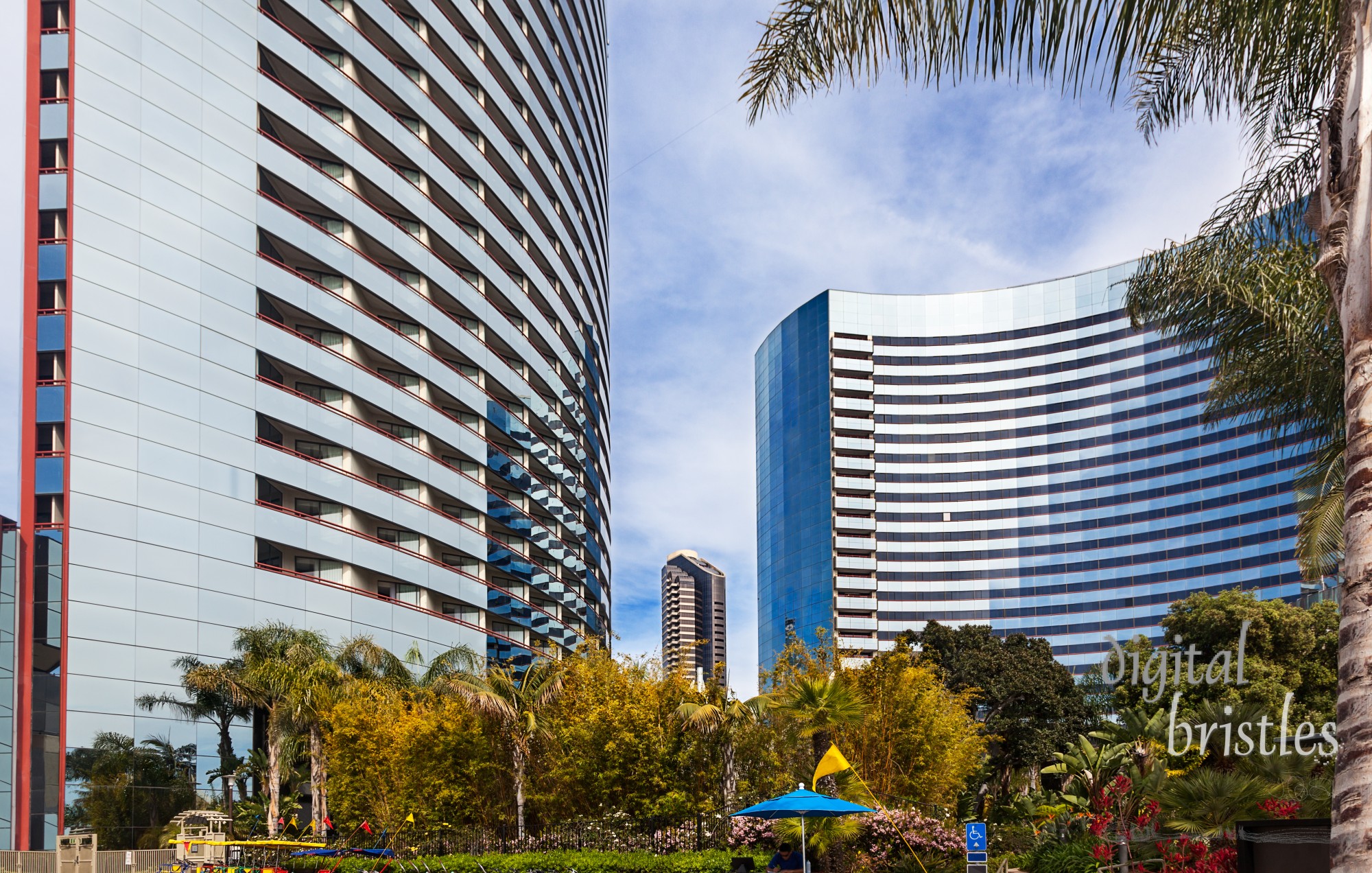 View of buildings and hotels along the waterfront Embarcadero pedestrian walk from downtown to the Convention Center