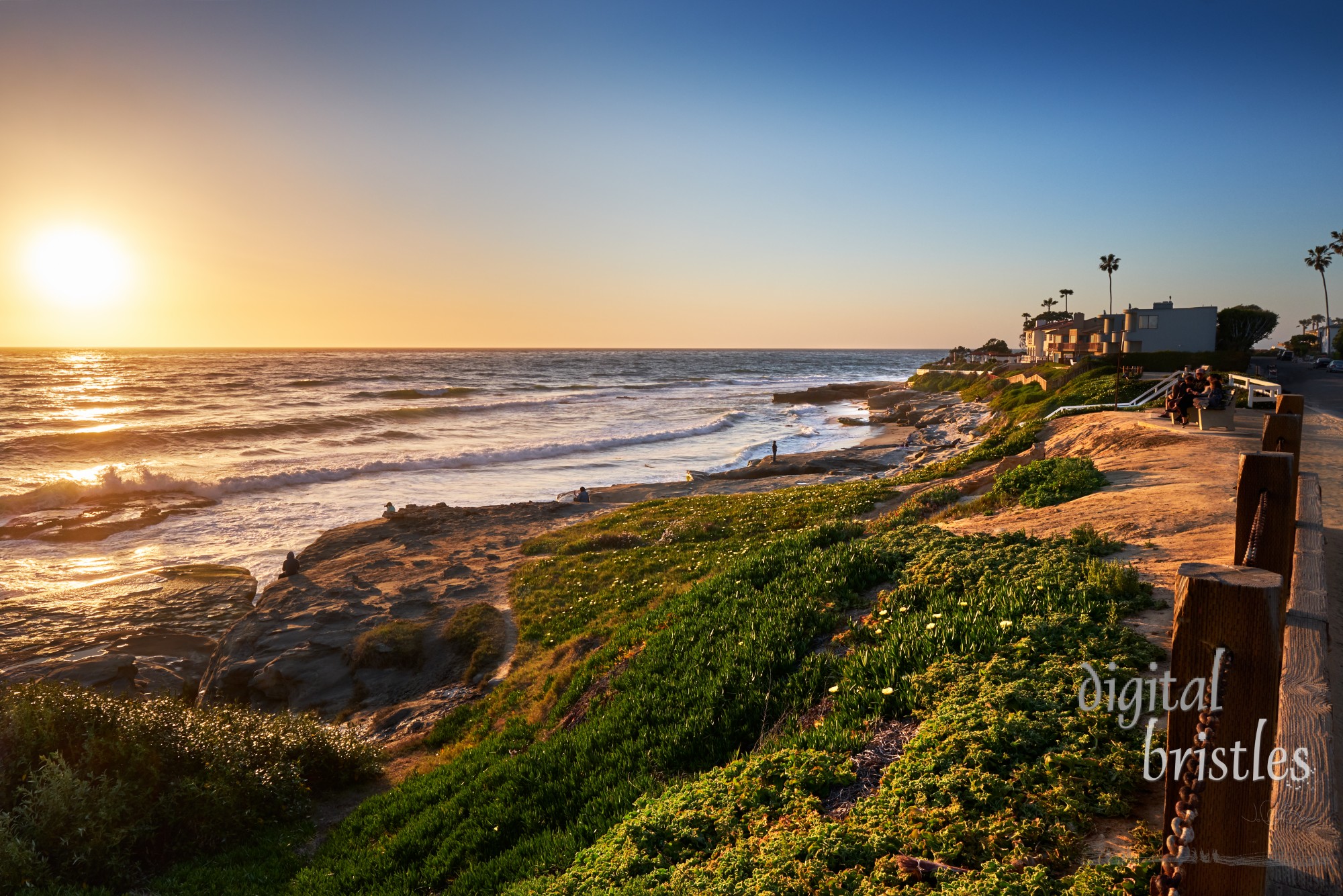 Sun goes down over the northern end of Windansea Beach, San Diego, California