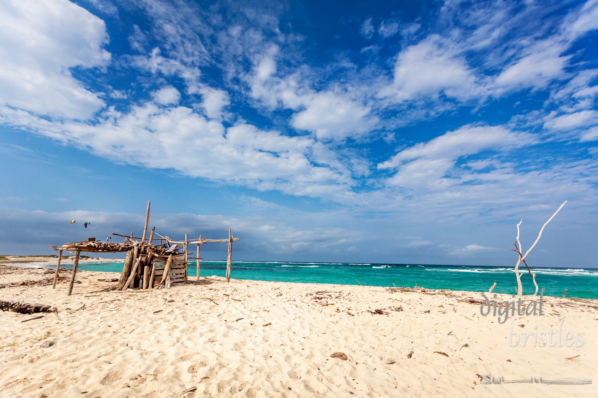 A makeshift driftwood shelter on Aruba's Boca Grandi beach. It's on the windy east side of the island and kite surfing is a favorite passtime here - the strong winds and currents make it less appealing to swimmers