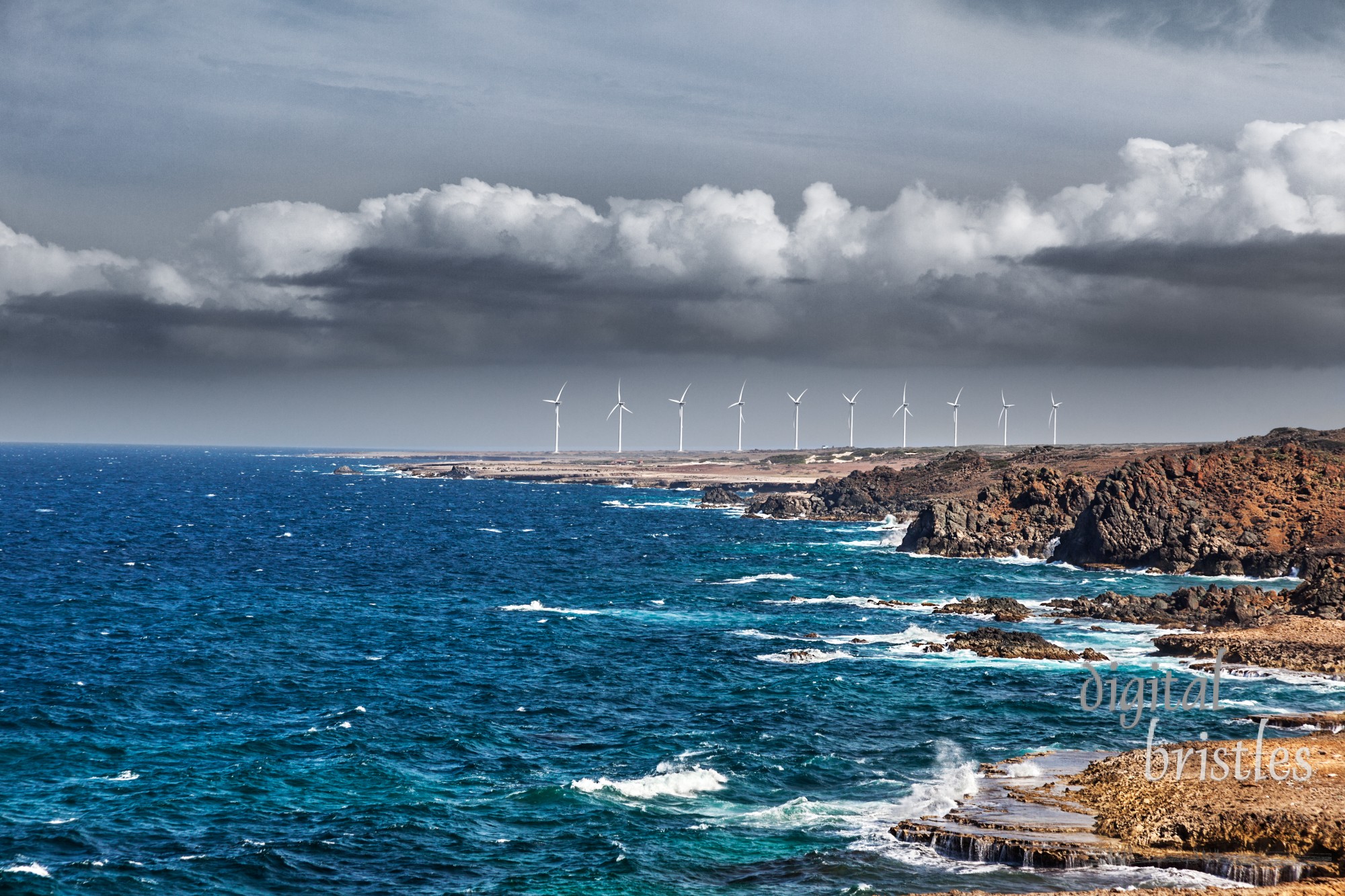 Ten turbines at the Vader Piet wind farm, Aruba