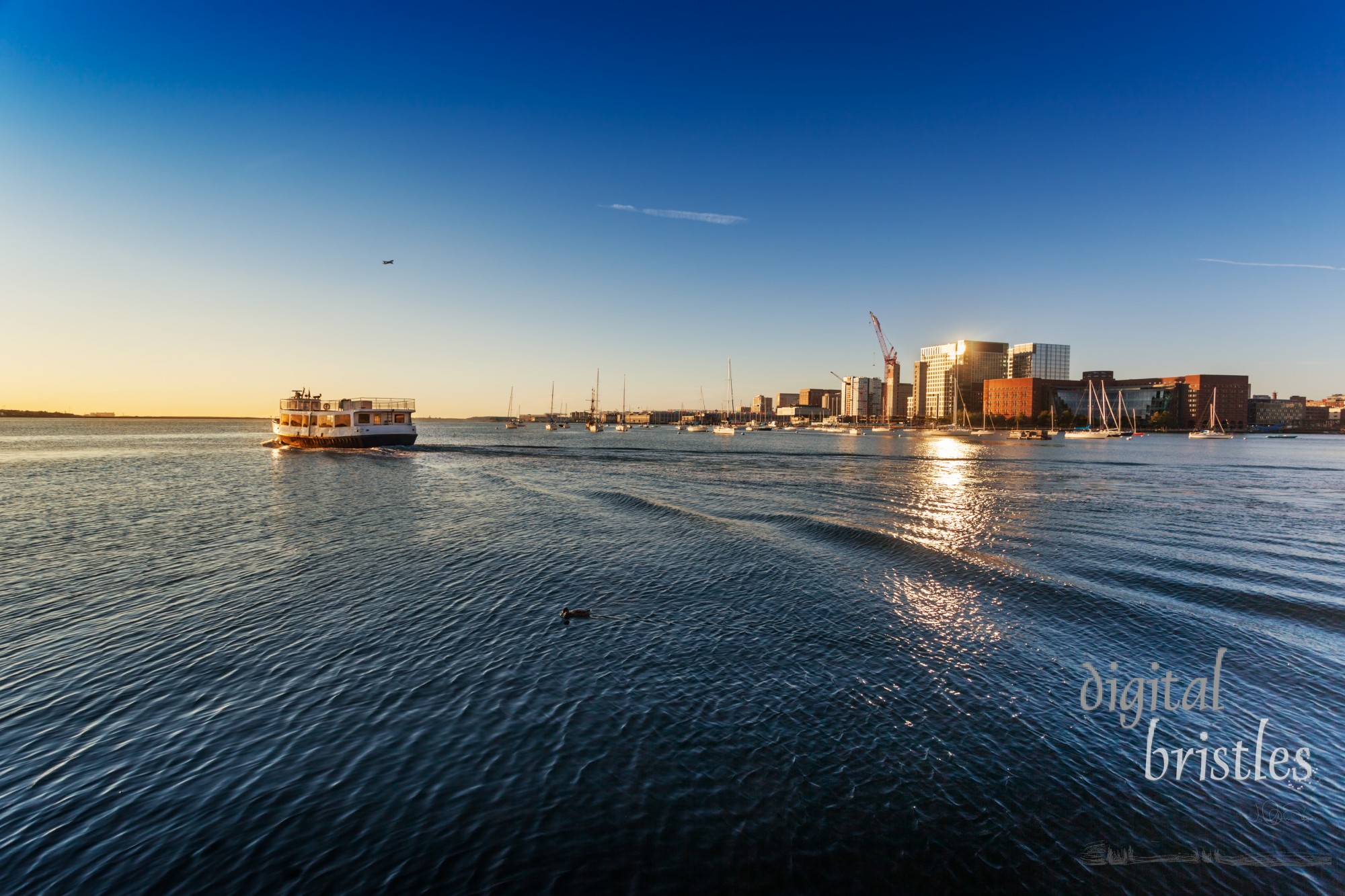 Early morning commuter ferry leaving Boston Harbor, Boston, Massachusetts