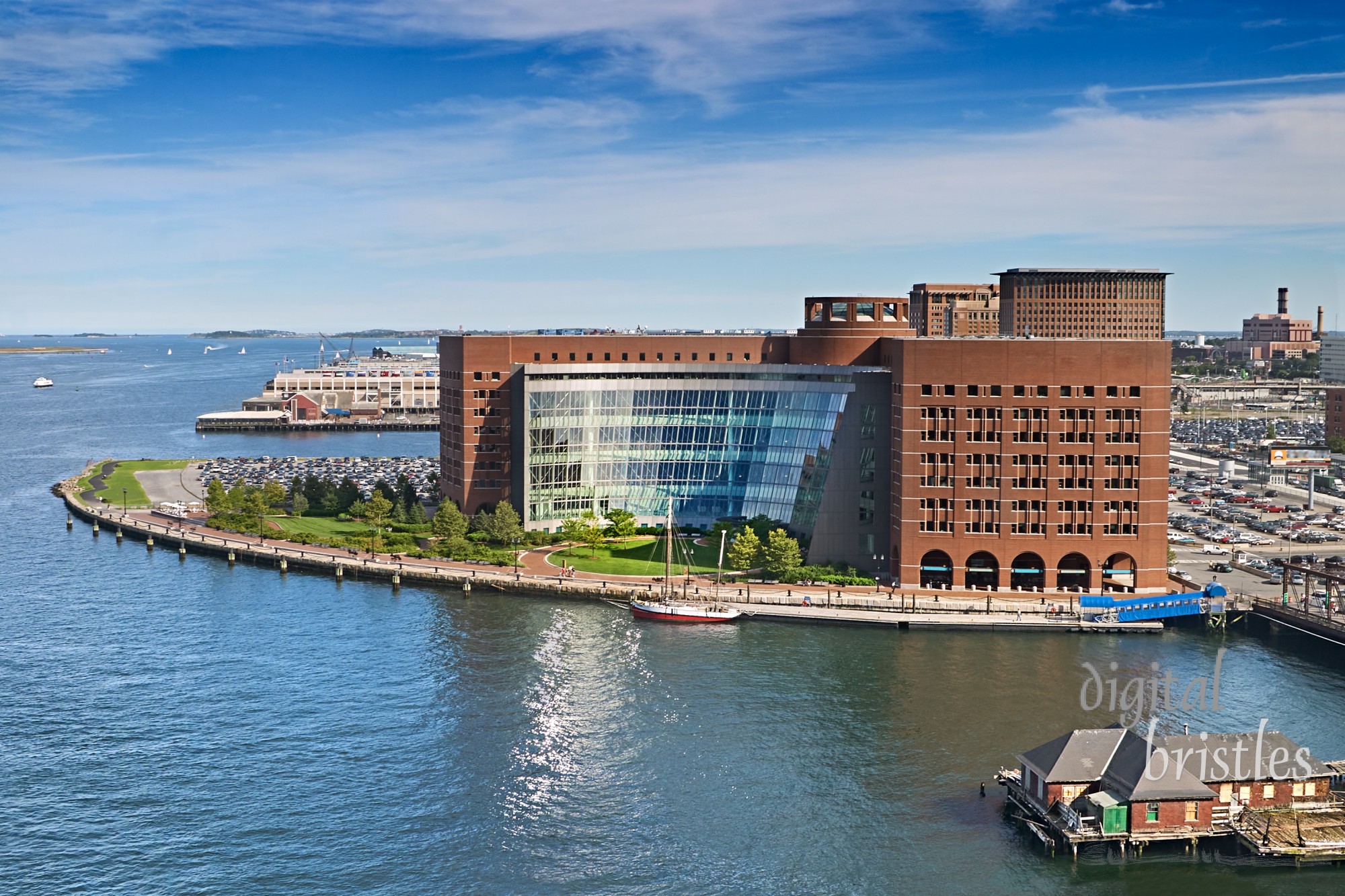 Busy Boston Harbor around the Moakley Federal Courthouse