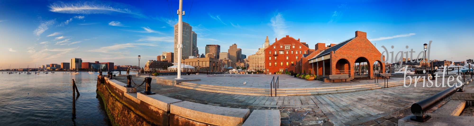 Boston Harbor panorama on a sunny summer morning, from the Harbor Walk on Long Wharf