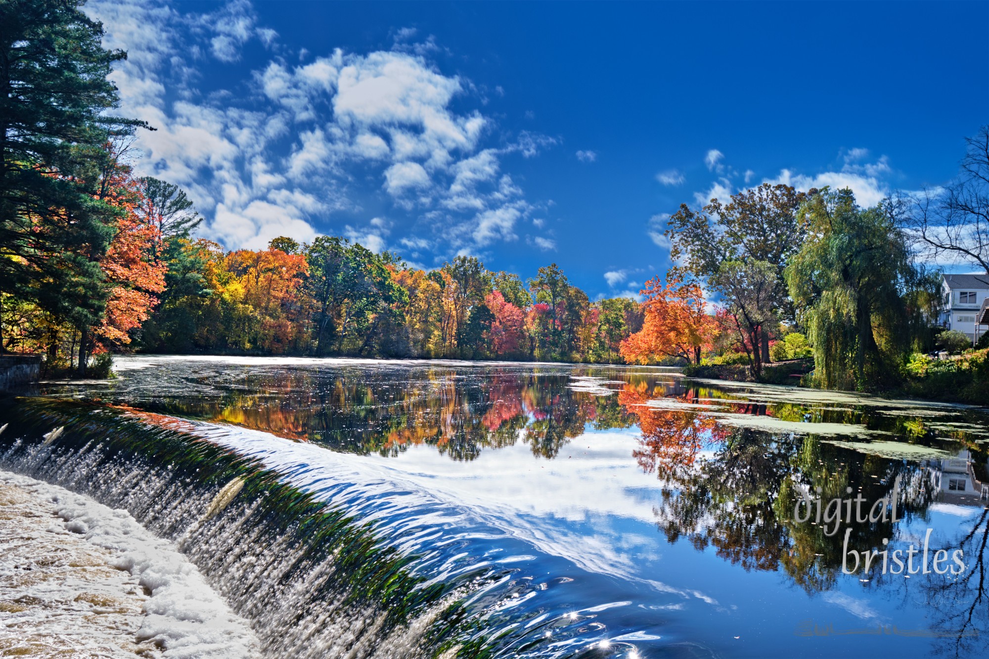 South Natick Dam Park on an autumn morning with a calm Charles River