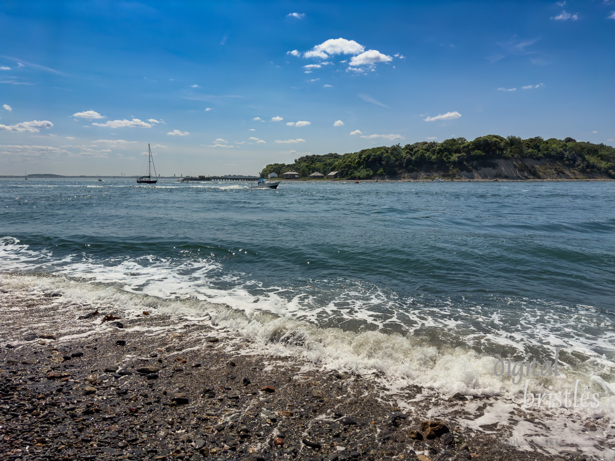 View of Peddocks Island dock from the beach at Pemberton Point, Hull, Massachusetts