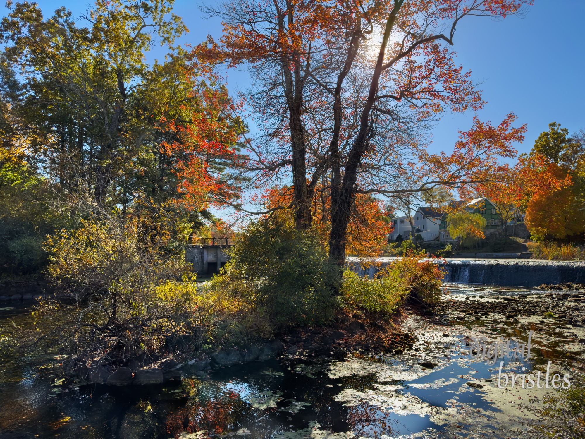 Charles River at the weir in the South Natick Dam Park. Water levels are exceptionally low, exposing rocks