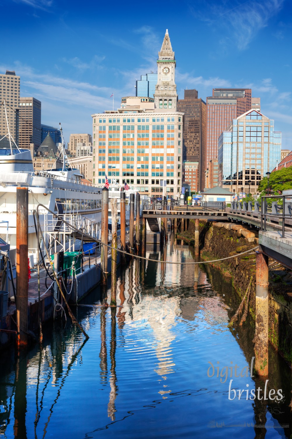 Reflection of the Custom House Tower at Long Wharf, Boston, on a summer morning