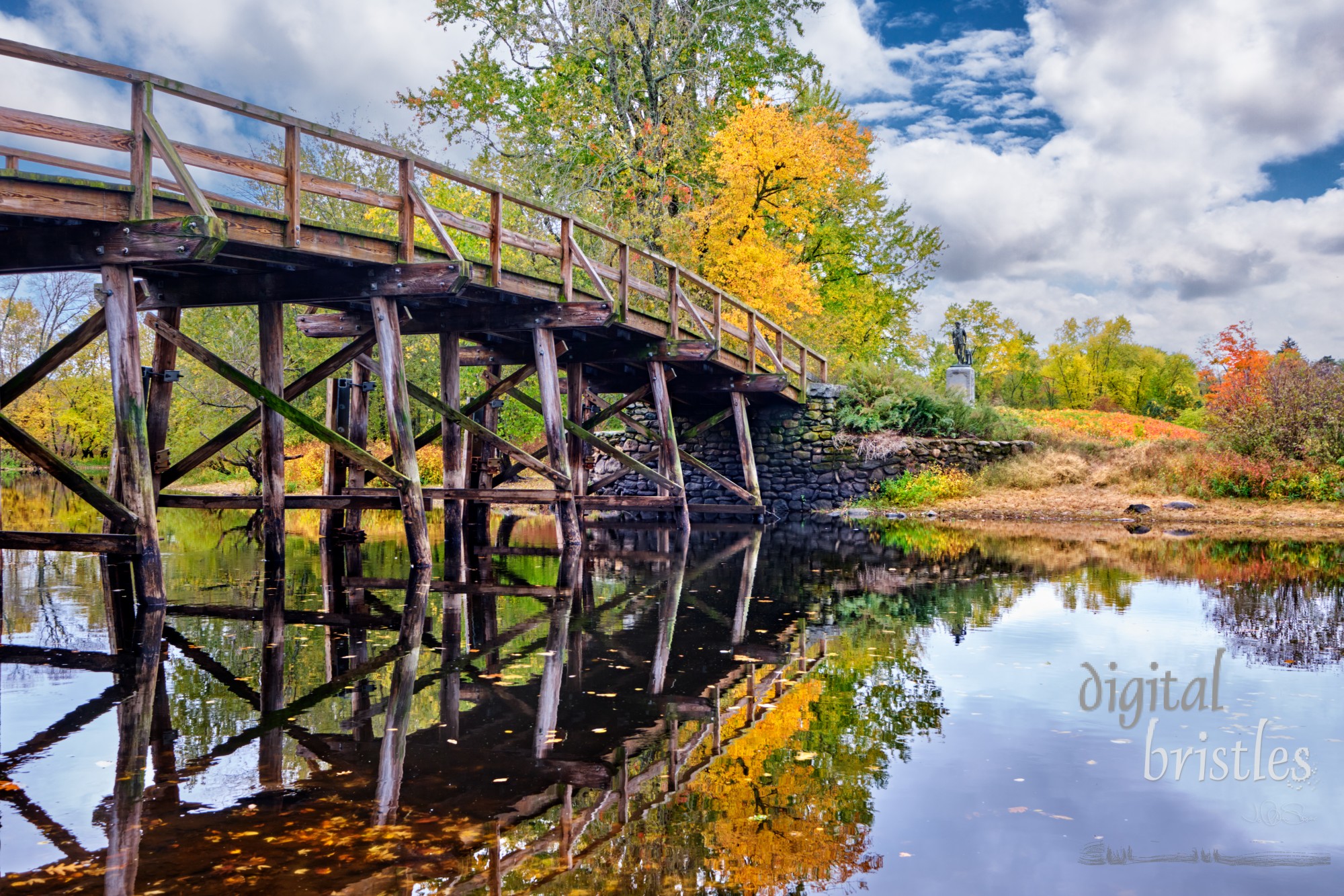 Minute Man statue and the Old North Bridge in Minute Man National Park, Concord, Massachusetts