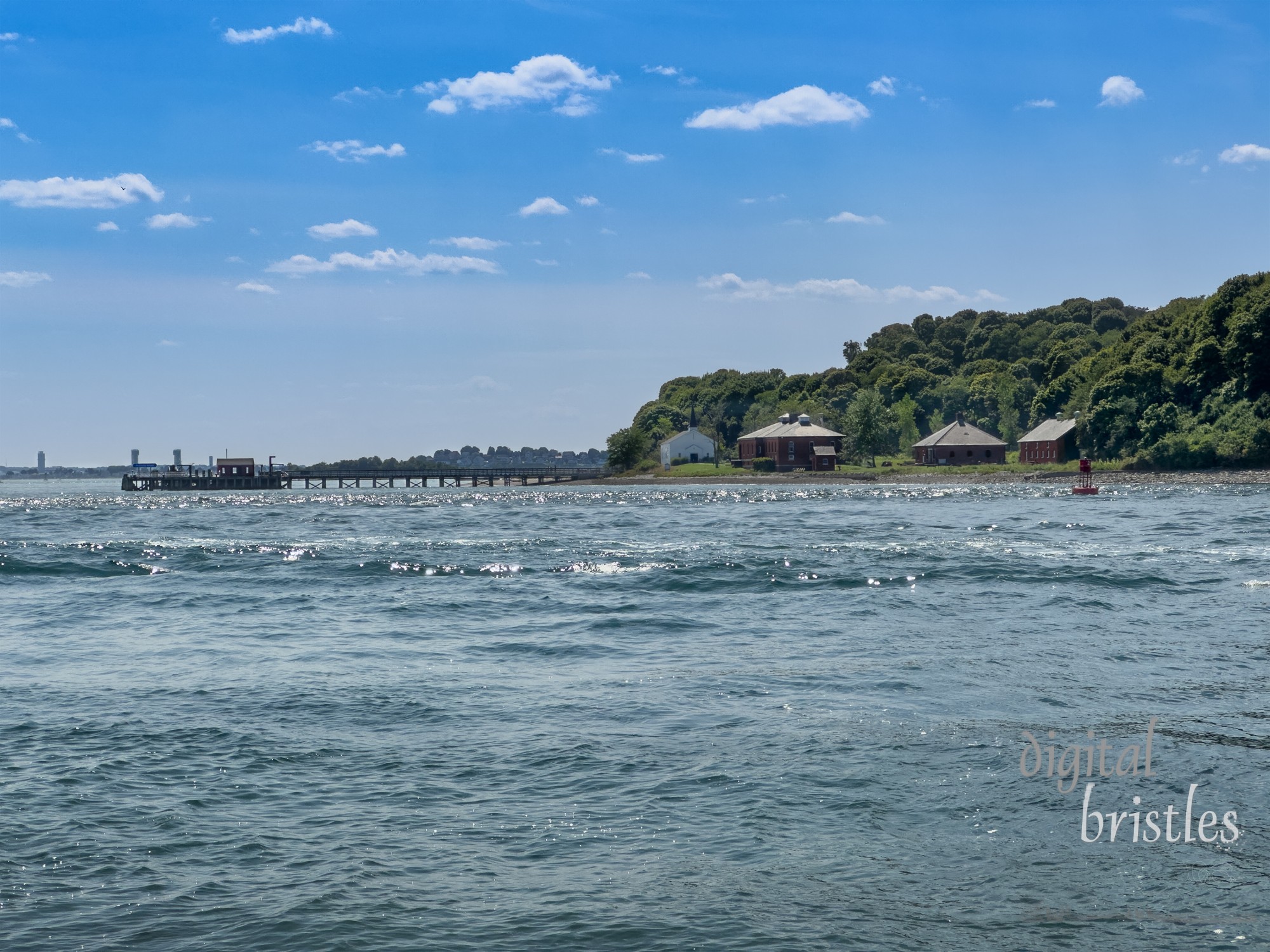 Peddocks Island dock and Visitor Center (the former guardhouse for Fort Andrews) . Boston Harbor Island Park, Hull, Massachusetts