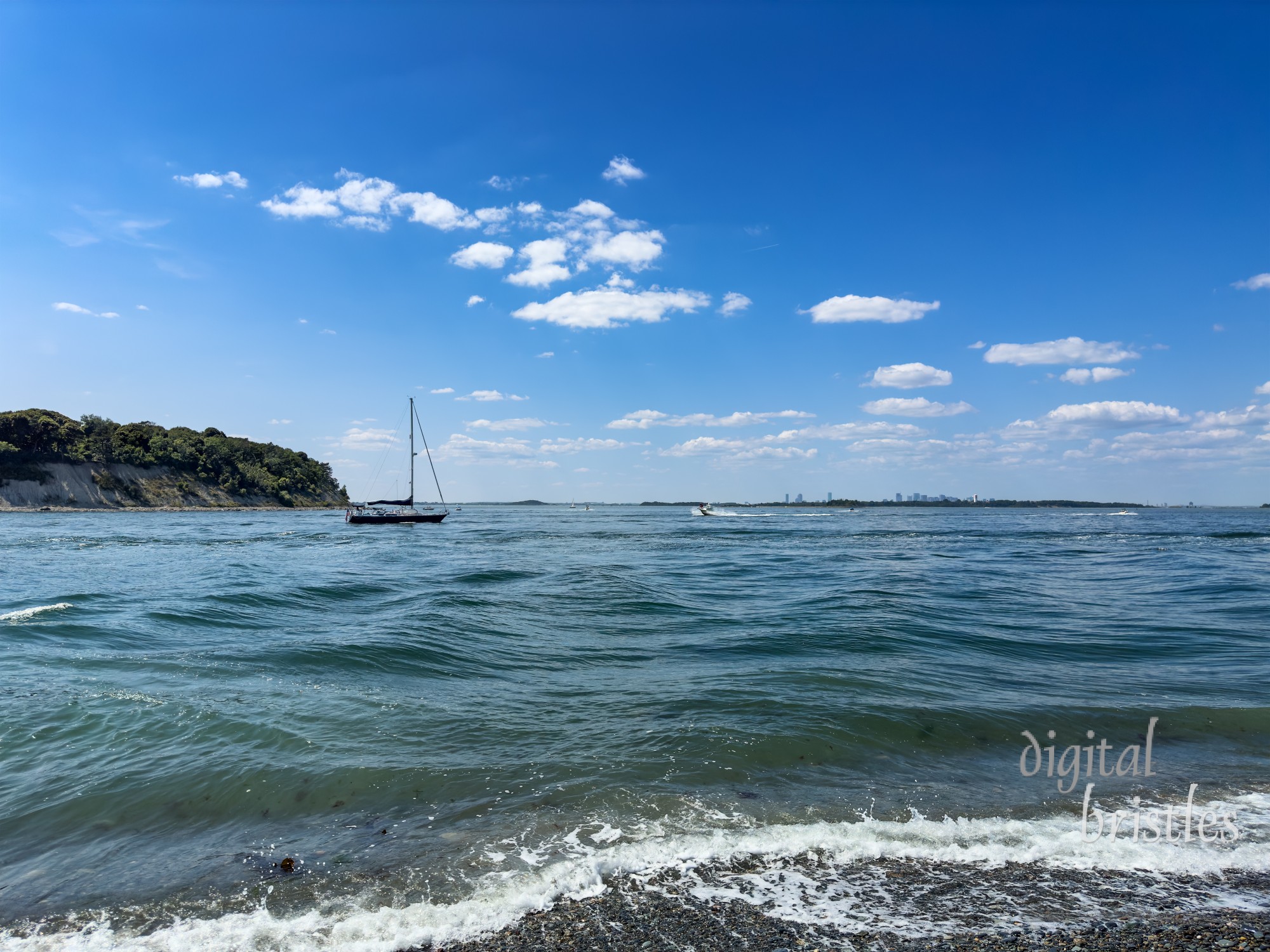 Boston in the distance on the other side of Massachusetts Bay from Hull's Pemberton Point