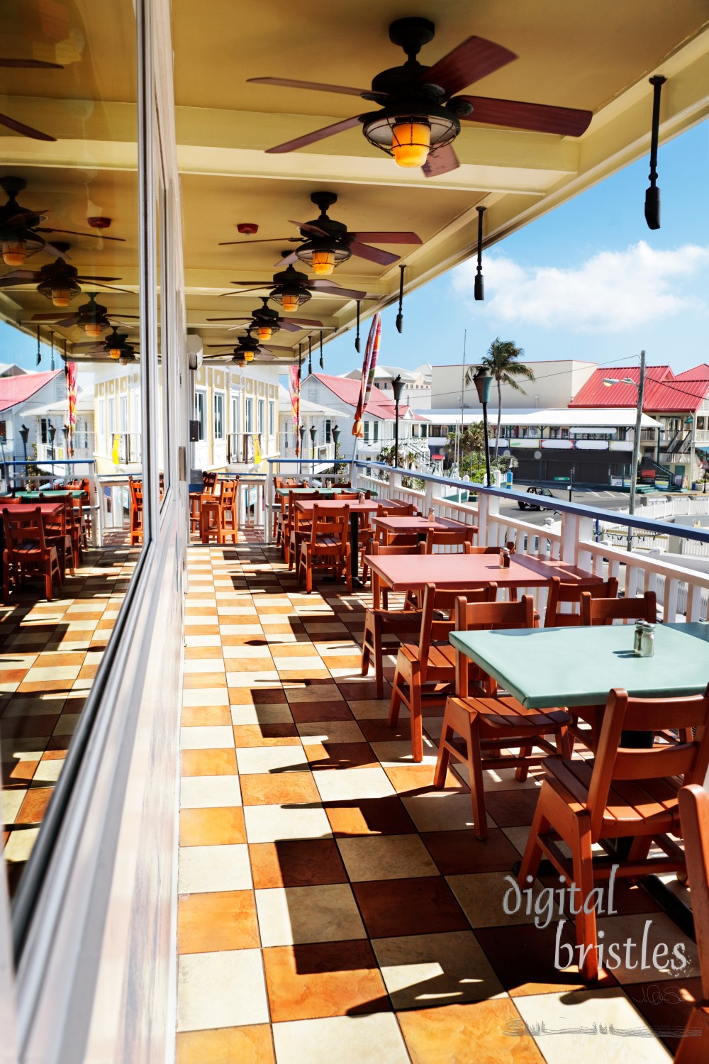 Outside terrace at a restaurant on a quiet day in Georgetown, Grand Cayman