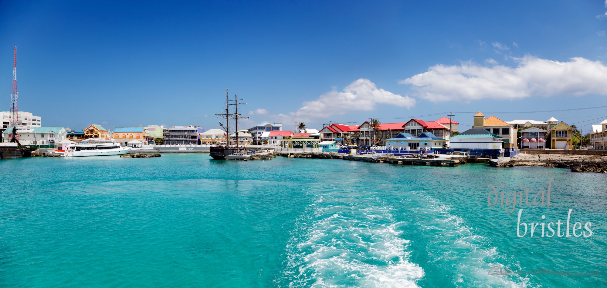 Georgetown waterfront, Cayman Islands, from the water on a sunny afternoon