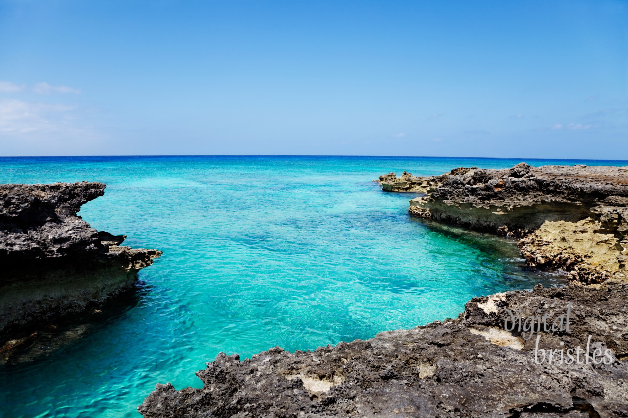 Craggy ironshore  formation limestone rocks at the edge of Smith Cove, Grand Cayman