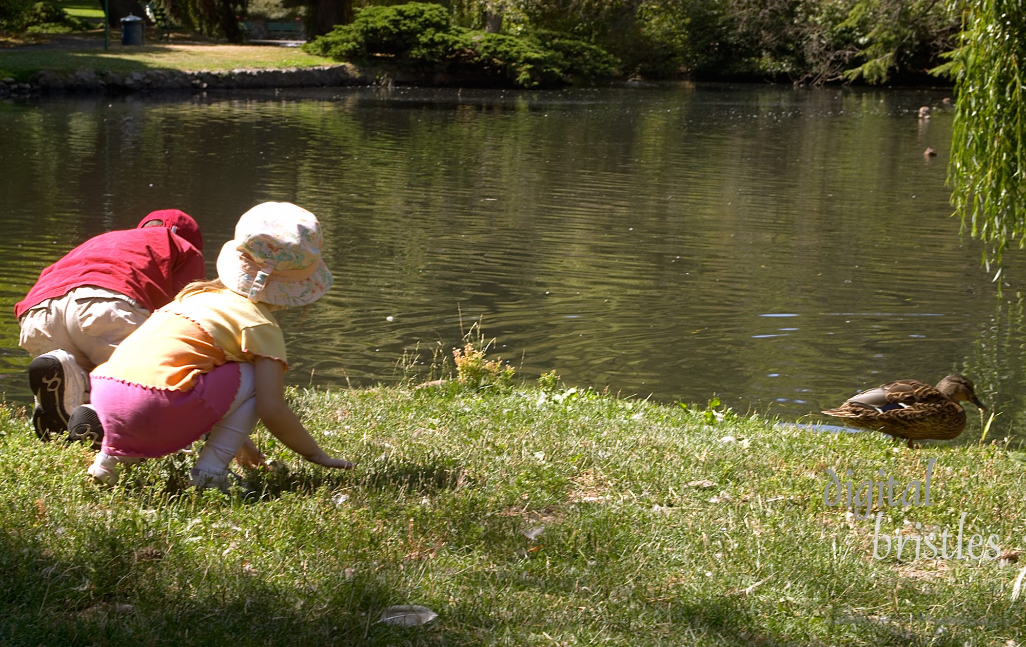 Two children trying to creep up on ducks in the park