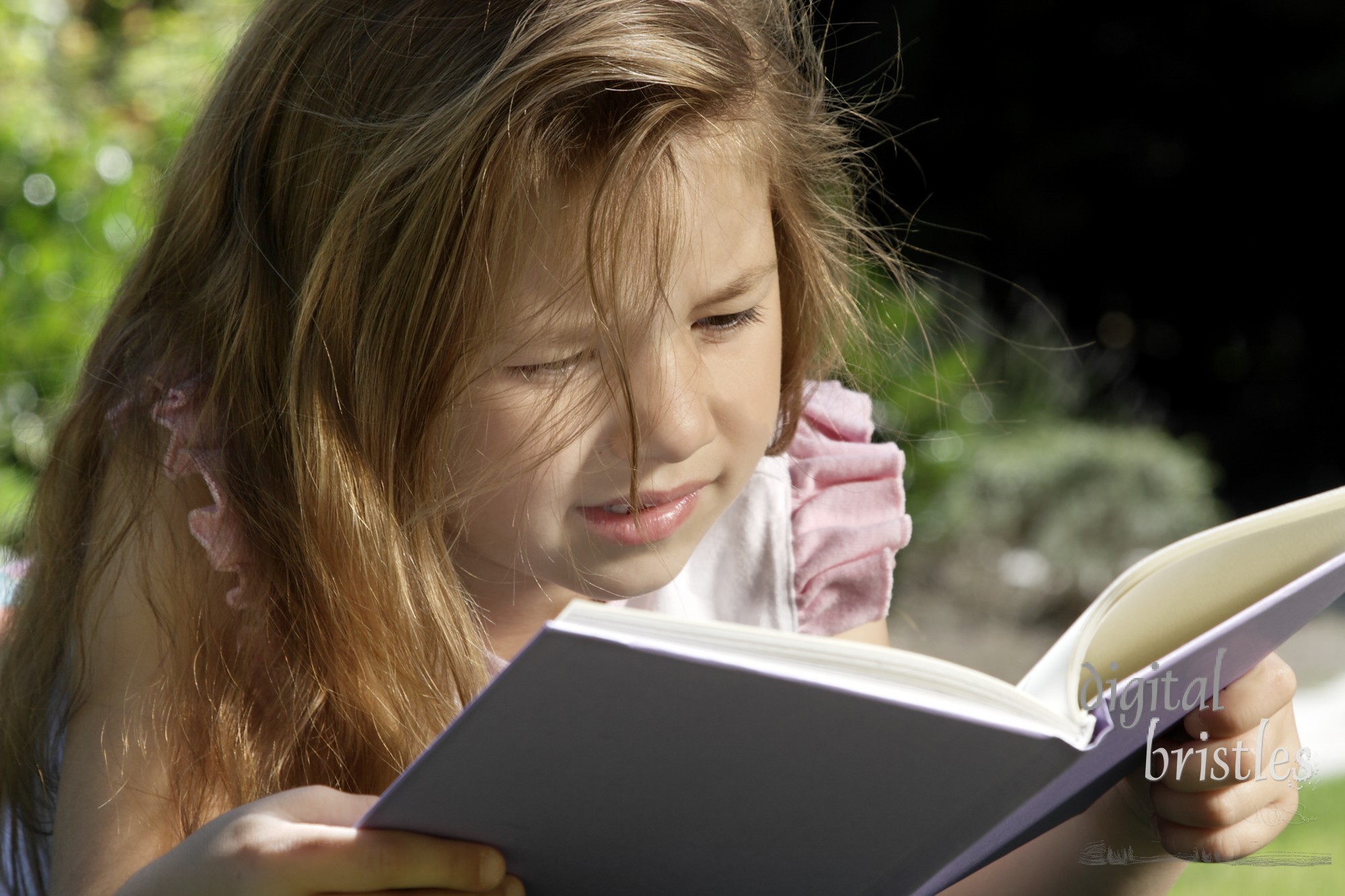 Young girl concentrating hard on a chapter book