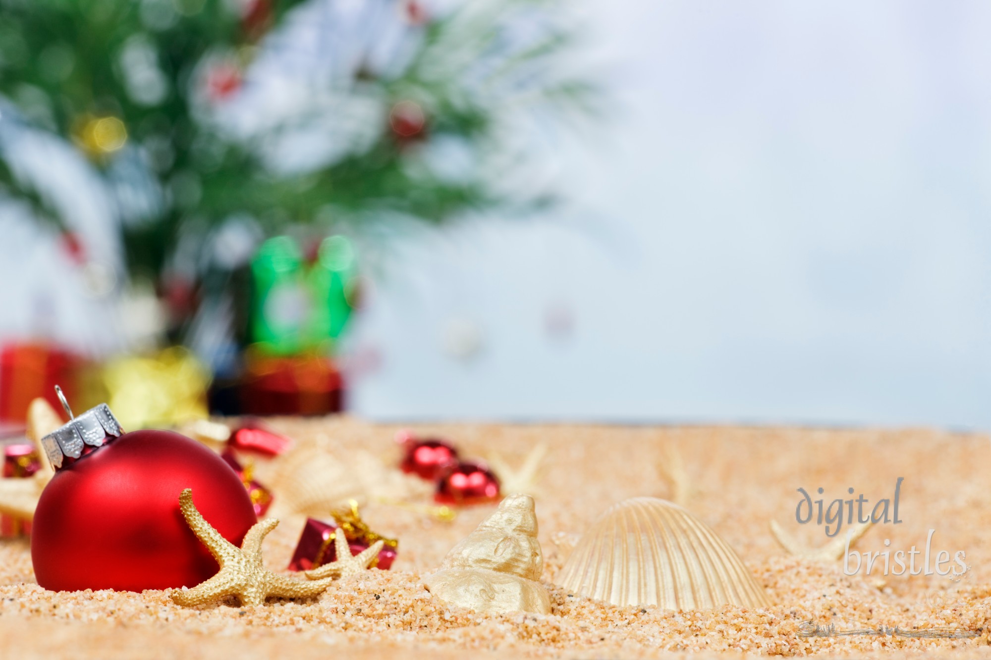 Christmas ornaments and shells in the sand