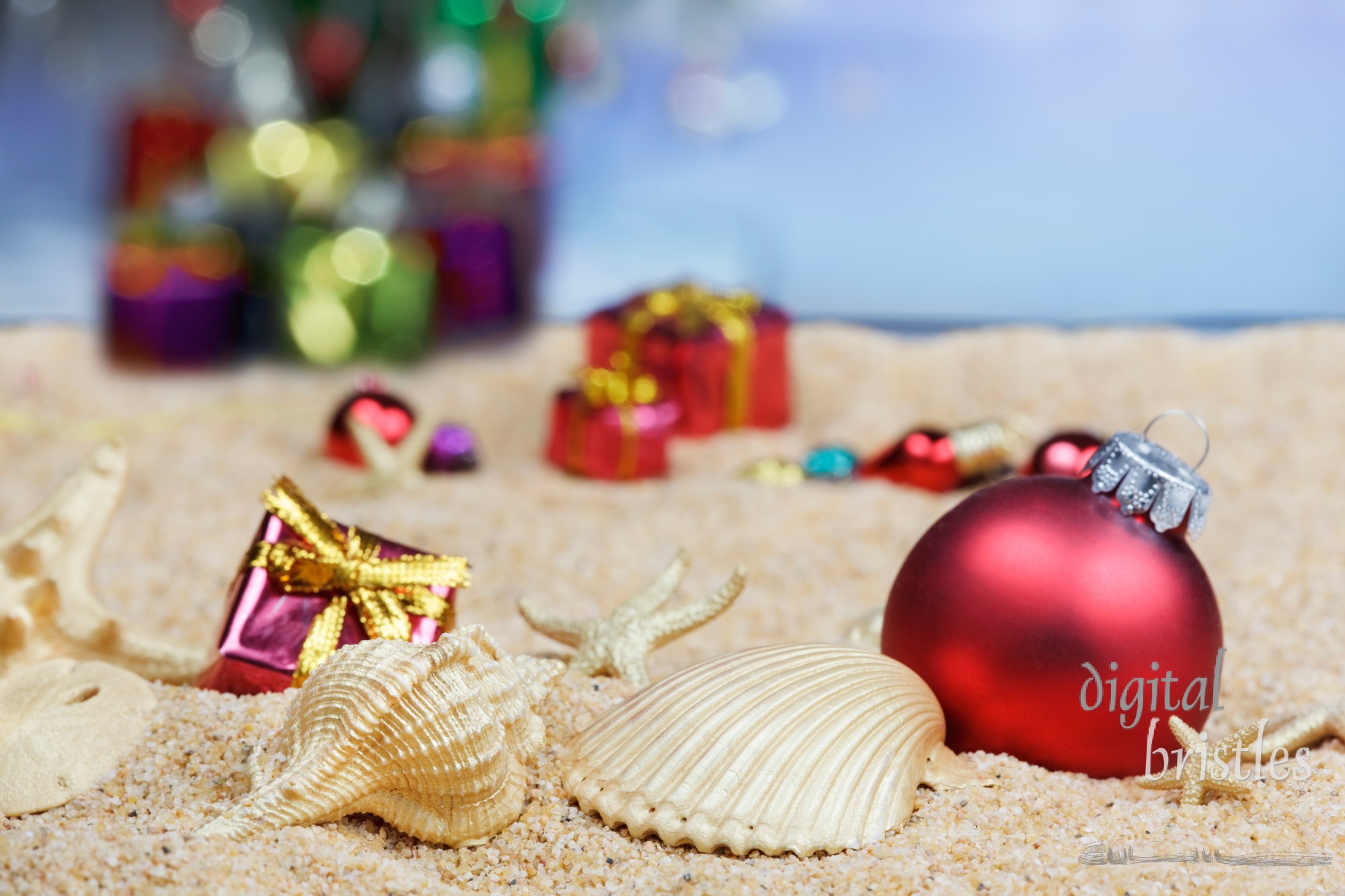 Christmas ornaments and shells in the sand