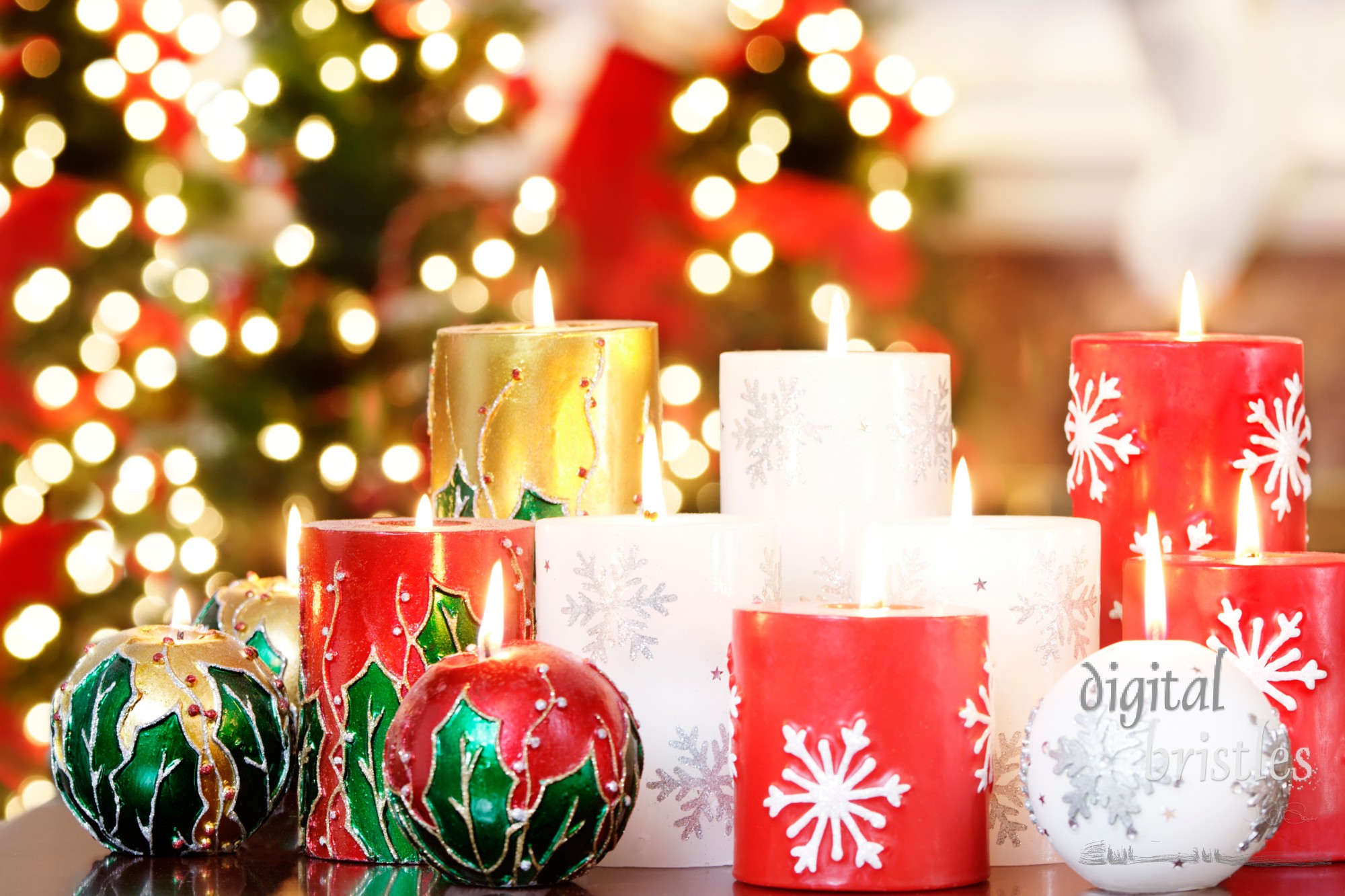 Collection of Christmas candles with blurred light background