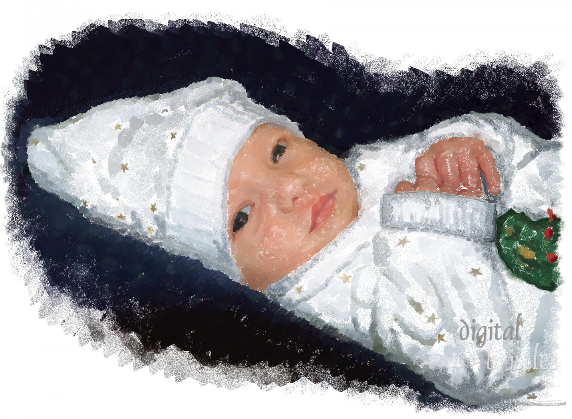 Sketch of a newborn in her first Christmas outfit