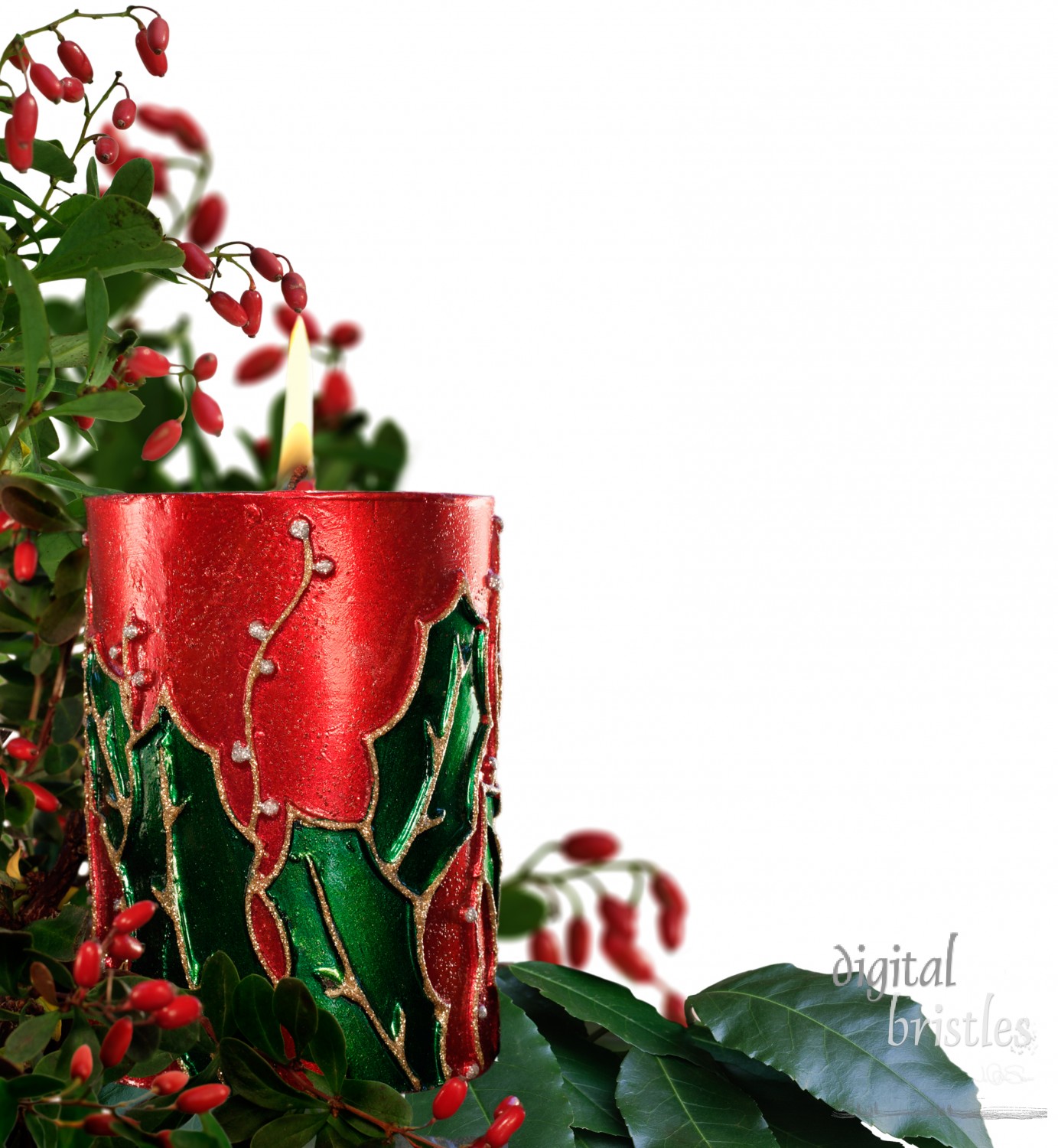 Christmas candle amidst foliage and berries