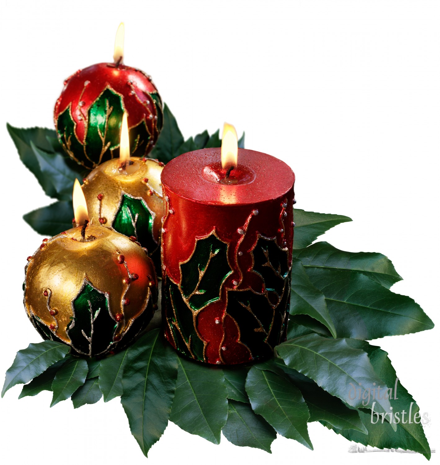 Christmas candles amidst foliage and berries