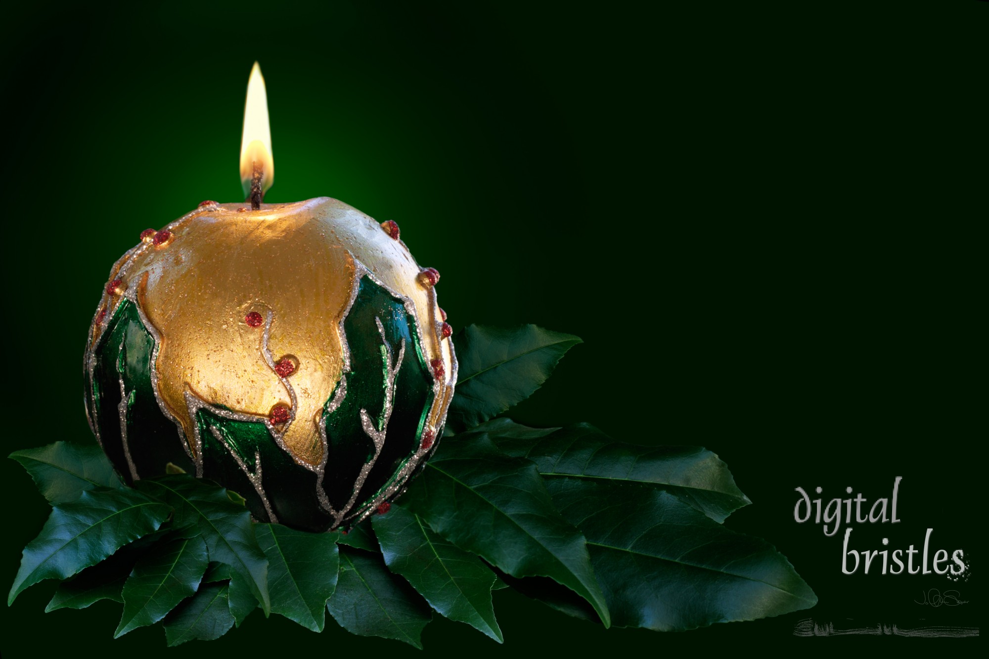 Decorated Christmas candle's gentle flame