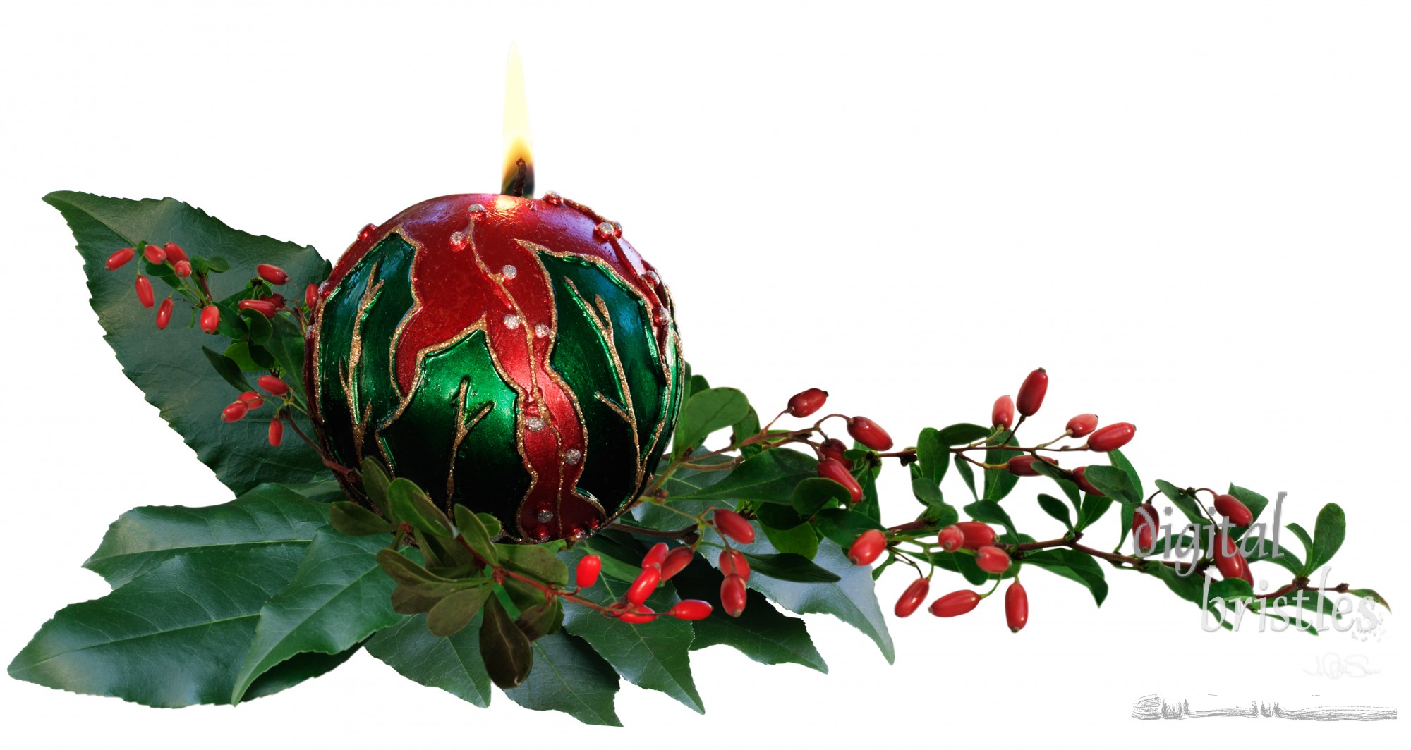 Christmas candle amidst foliage and berries